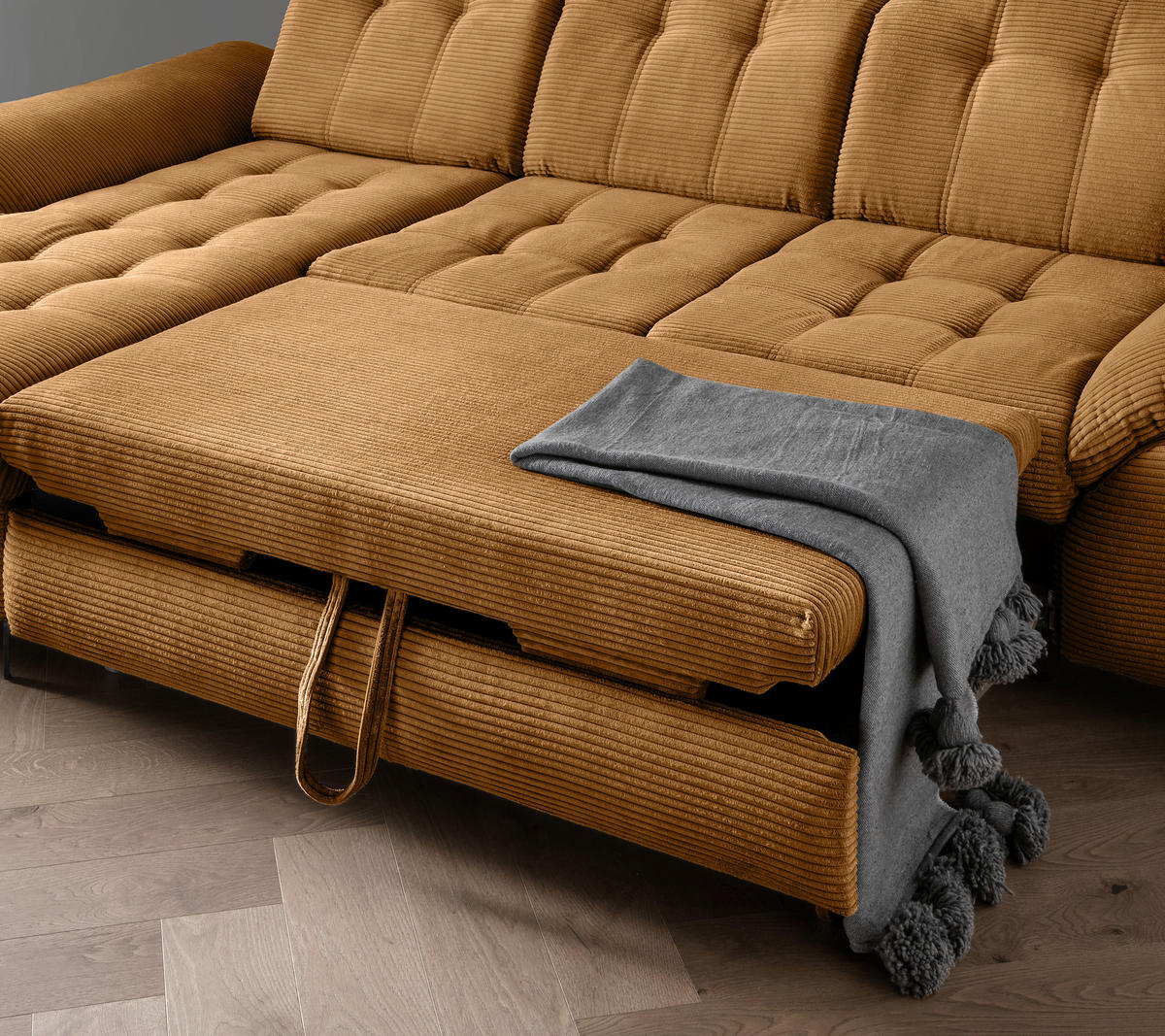 ECKSCHLAFSOFA  mit seitenverkehrt erhältlich, Rücken echt, Armteil links, Armteil rechts Cord Goldfarben  - Goldfarben/Schwarz, MODERN, Textil/Metall (189/273cm) - Livetastic