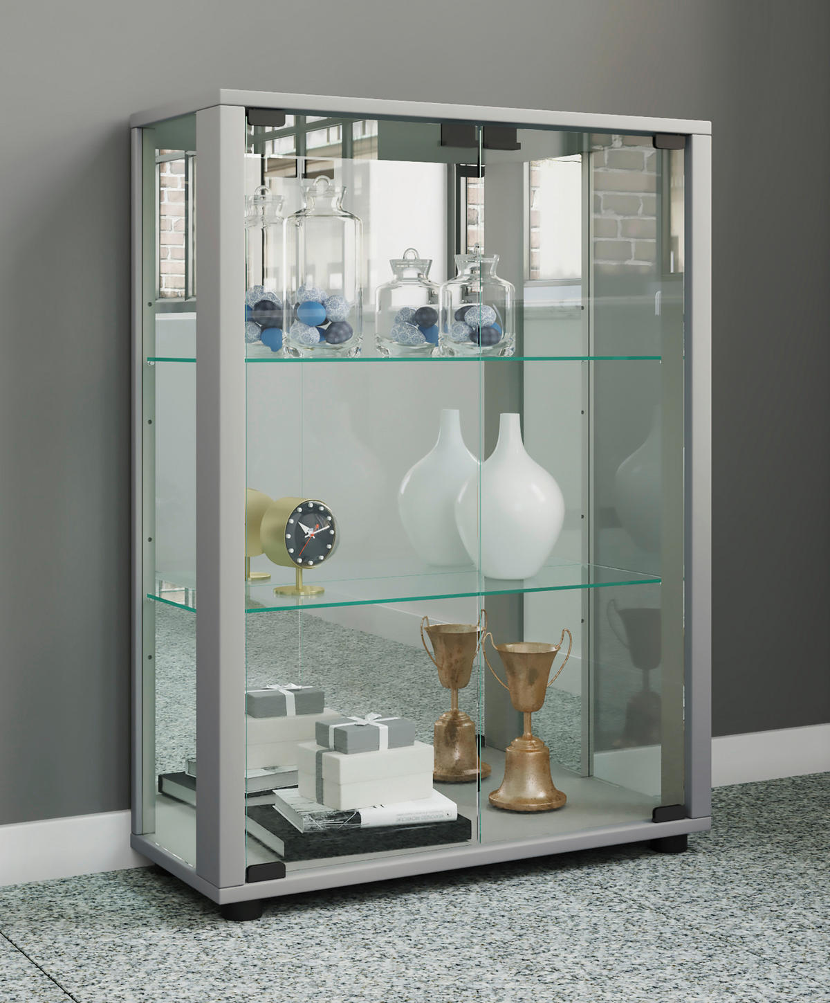 VITRINE in Silberfarben  - Silberfarben, Modern, Glas/Holzwerkstoff (60/80/25cm) - MID.YOU