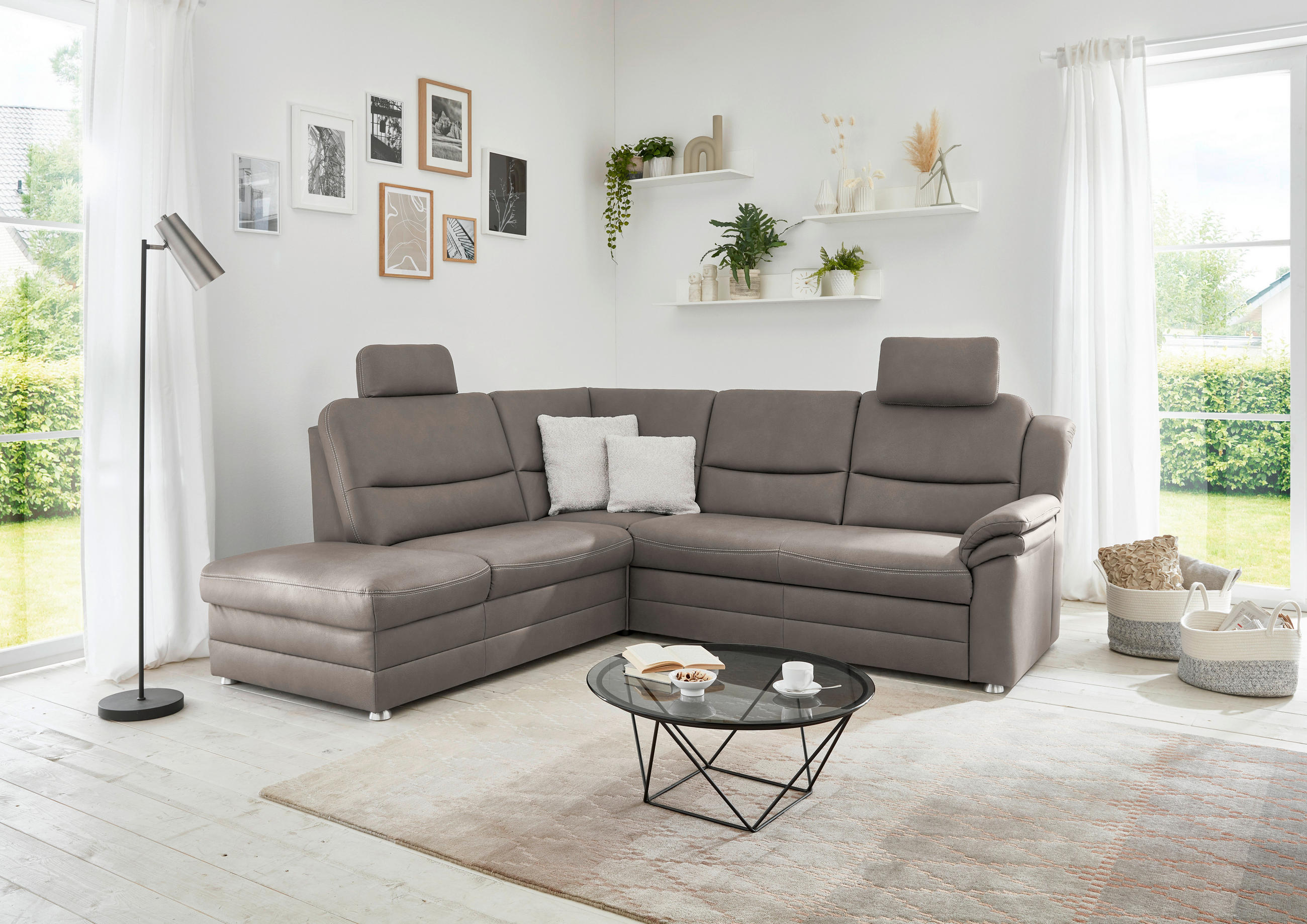 ECKSOFA Grau Mikrofaser  - Beige/Alufarben, KONVENTIONELL, Textil/Metall (219/239cm) - Carryhome