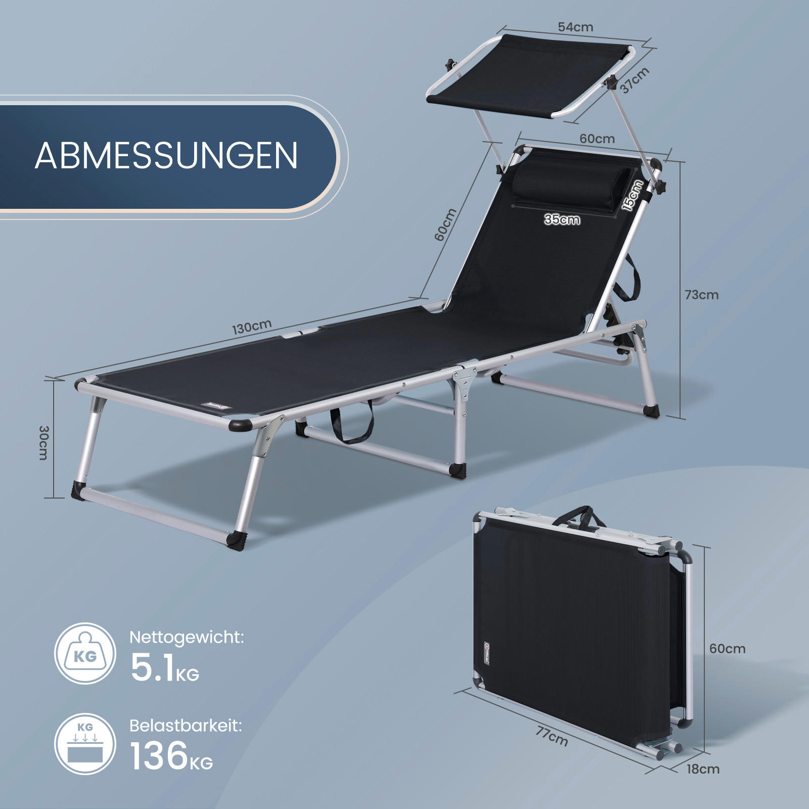 STRANDLIEGE 190/73/62 cm  - Schwarz, Basics, Textil/Metall (190/73/62cm) - Modante