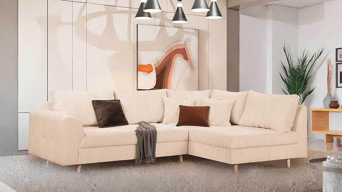 ECKSOFA inkl. Hocker Ariella in Cord Creme  231/161 cm  - Creme/Naturfarben, Design, Holz/Textil (231/161cm) - Livetastic