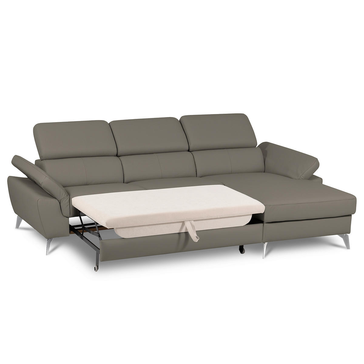 ECKSOFA Schlammfarben Echtleder Lederlook Bettkasten, Schlaffunktion, Rücken echt, Armteilverstellung, Kopfteilverstellung  - Chromfarben/Schlammfarben, Design, Leder/Textil (252/179cm) - Livetastic