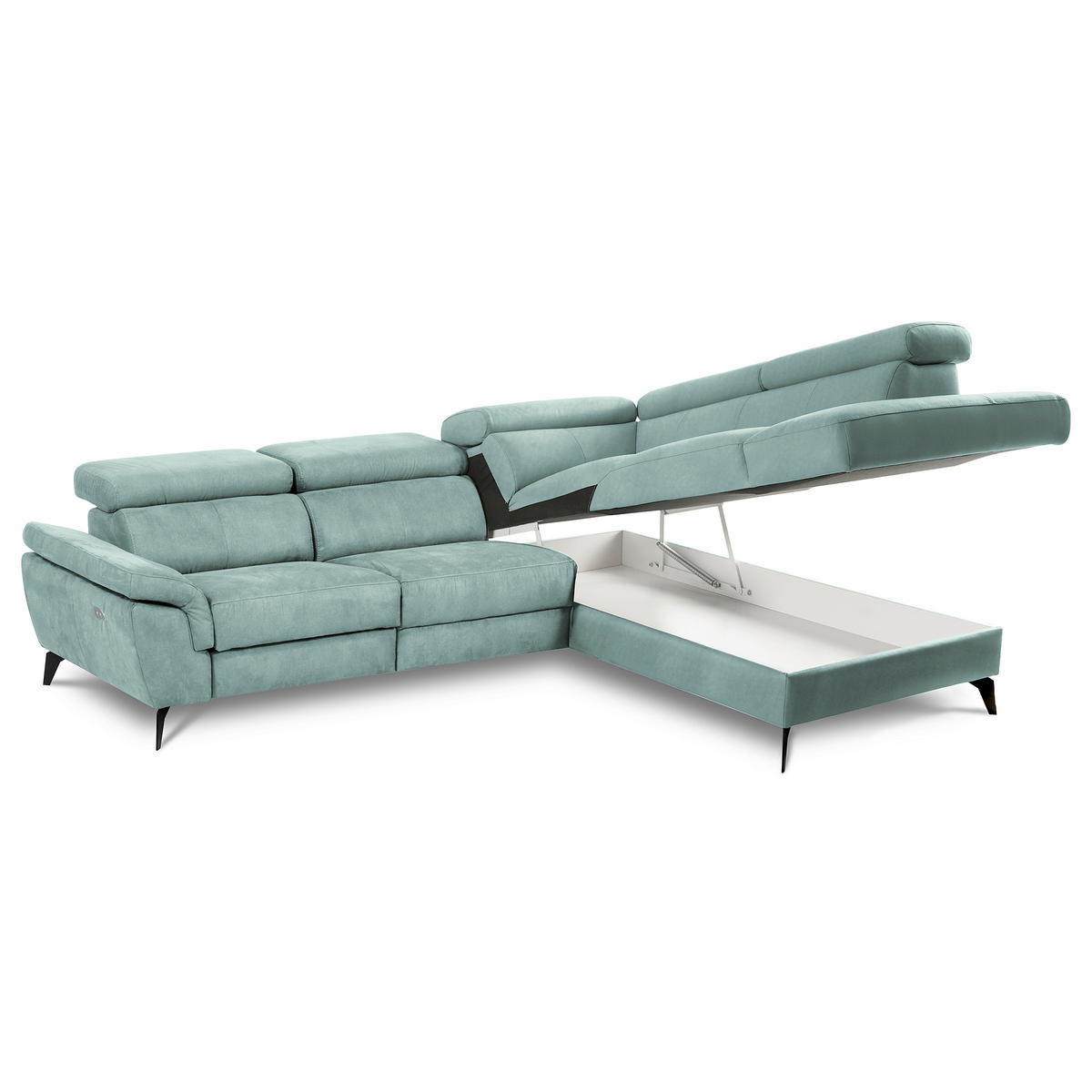 ECKSOFA SONO in Lederlook Hellblau Bettkasten, Armteilverstellung, Kopfteilverstellung  265/210 cm  - Schwarz/Hellblau, Design, Textil/Metall (265/210cm) - Livetastic