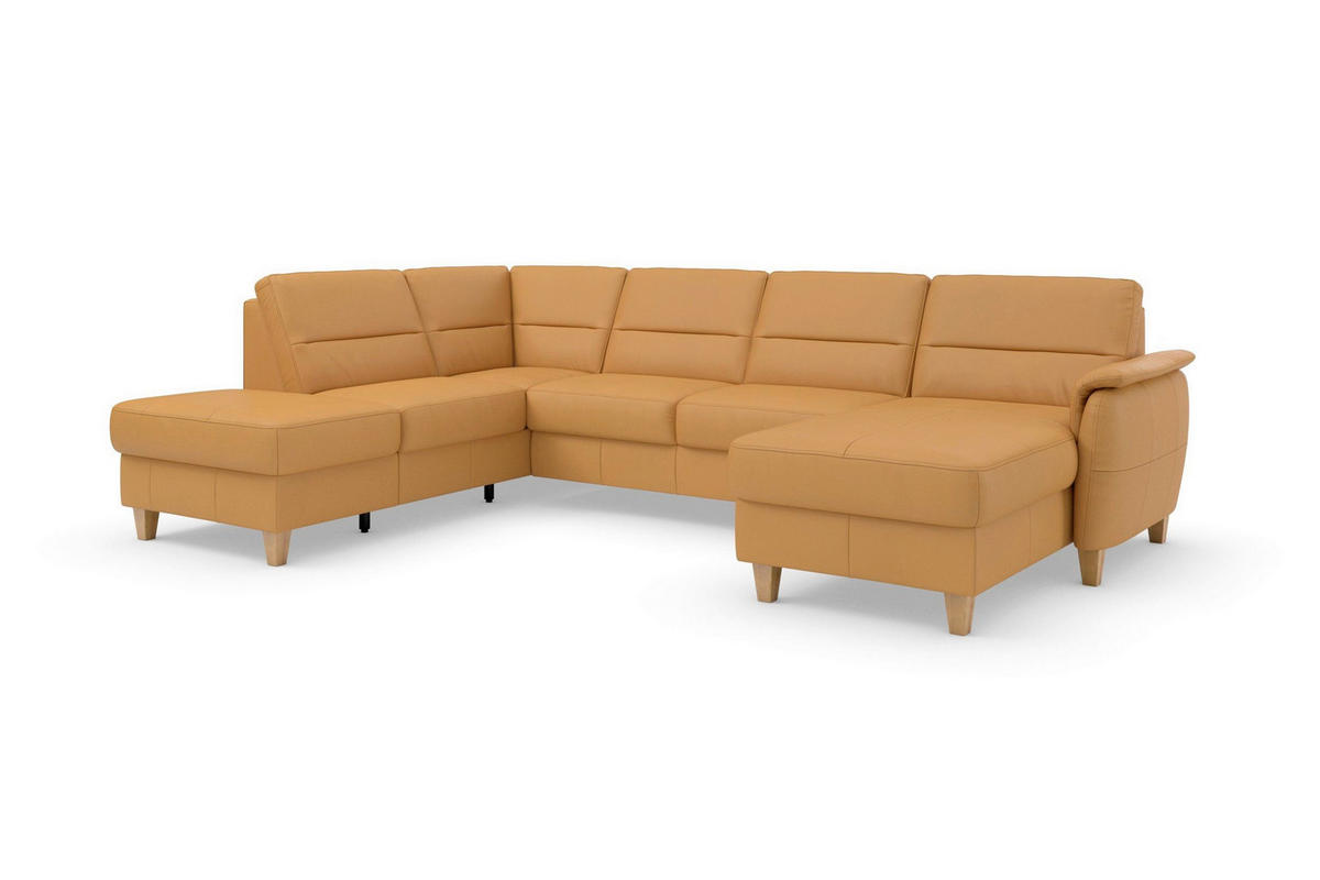 WOHNLANDSCHAFT PALMERA E Currygelb Echtleder  - Currygelb/Eichefarben, Basics, Leder/Holz (212/308/163cm) - Sit & More