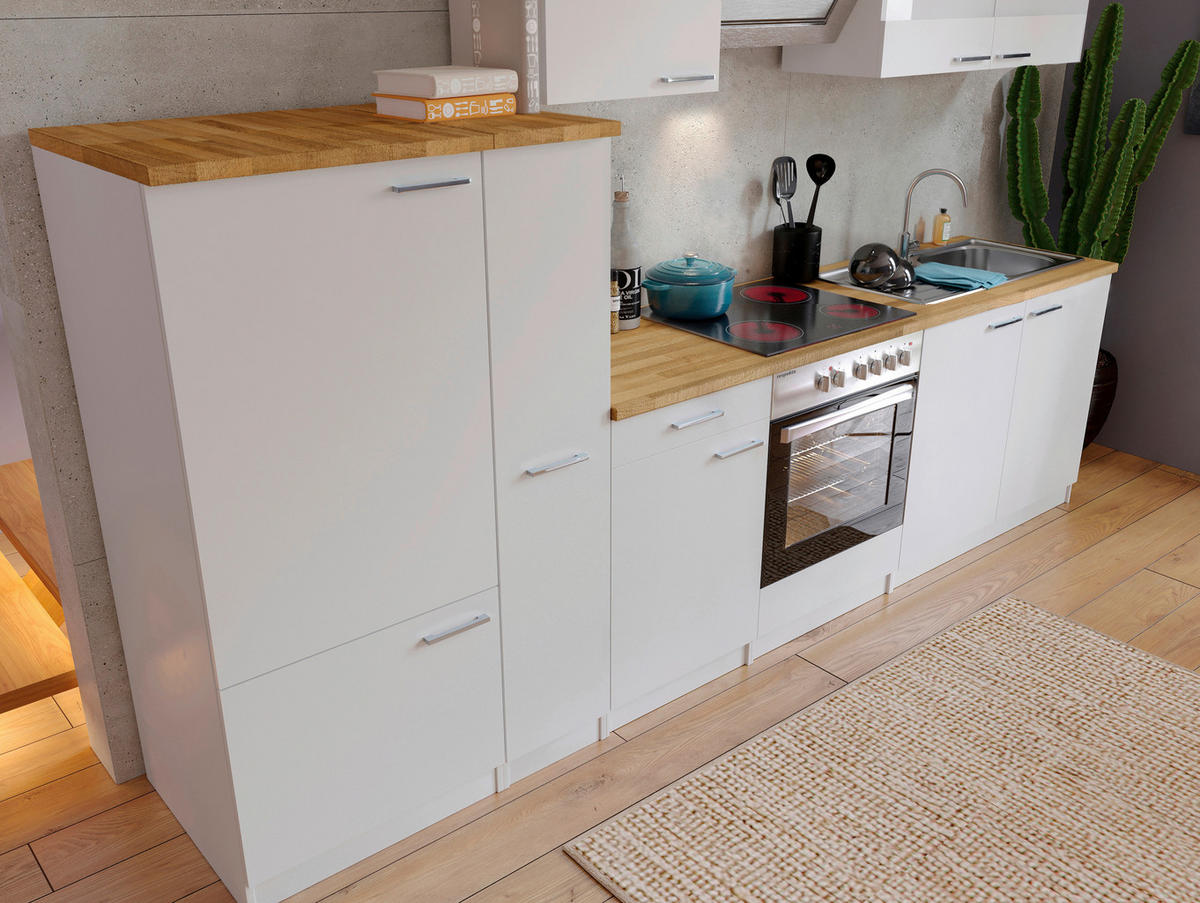 KÜCHENBLOCK 300 cm   in Weiss  - Weiss/Edelstahlfarben, Basics, Holzwerkstoff/Metall (300cm) - Respekta