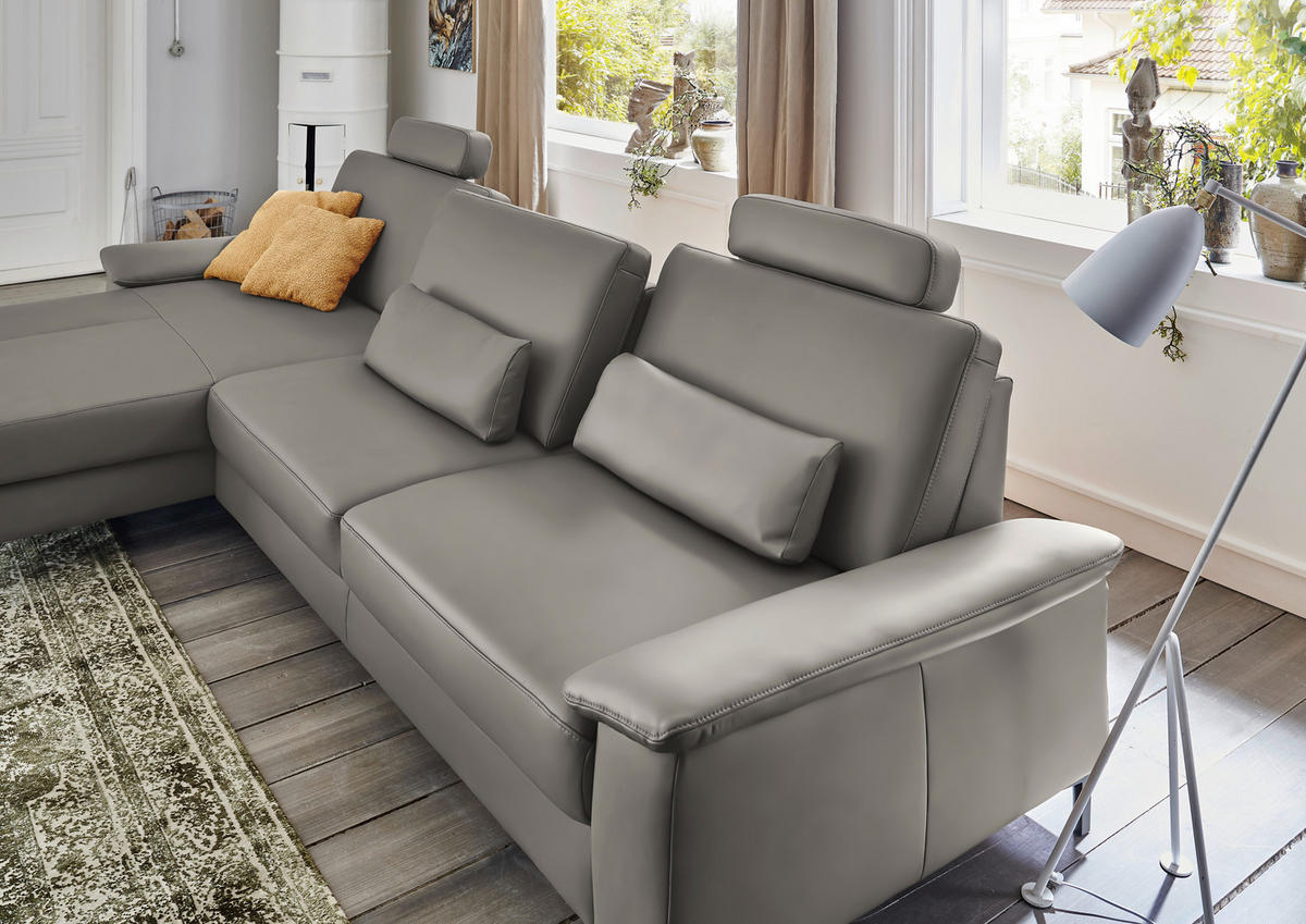 ECKSOFA in Echtleder Hellgrau  - Hellgrau/Schwarz, Design, Leder/Metall (176/334cm) - Dieter Knoll