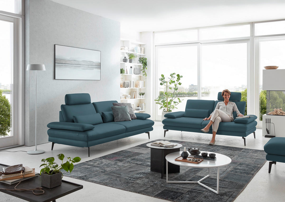 3-SITZER-SOFA in Leder Blau  - Blau/Schwarz, Design, Leder/Metall (222/86/104cm) - Dieter Knoll