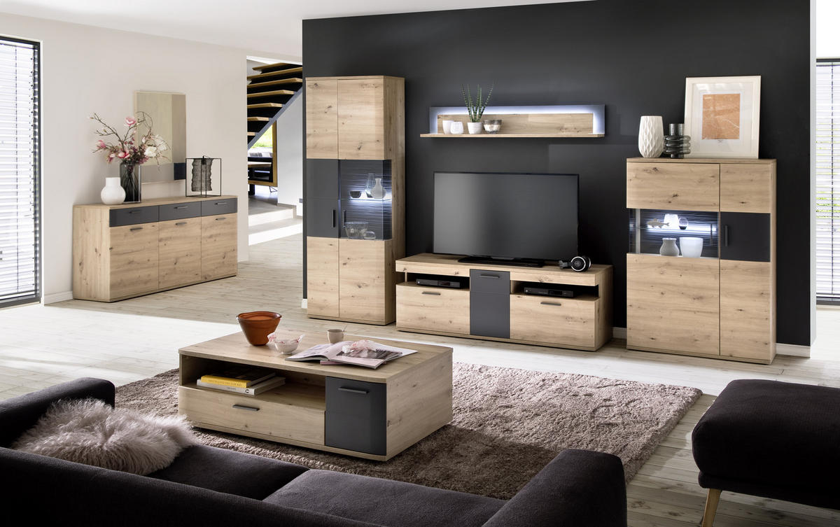 OBÝVACÍ STĚNA, antracitová, čiré, barvy dubu - barvy dubu/černá, Design, kov/kompozitní dřevo (330/198/50cm) - Livetastic