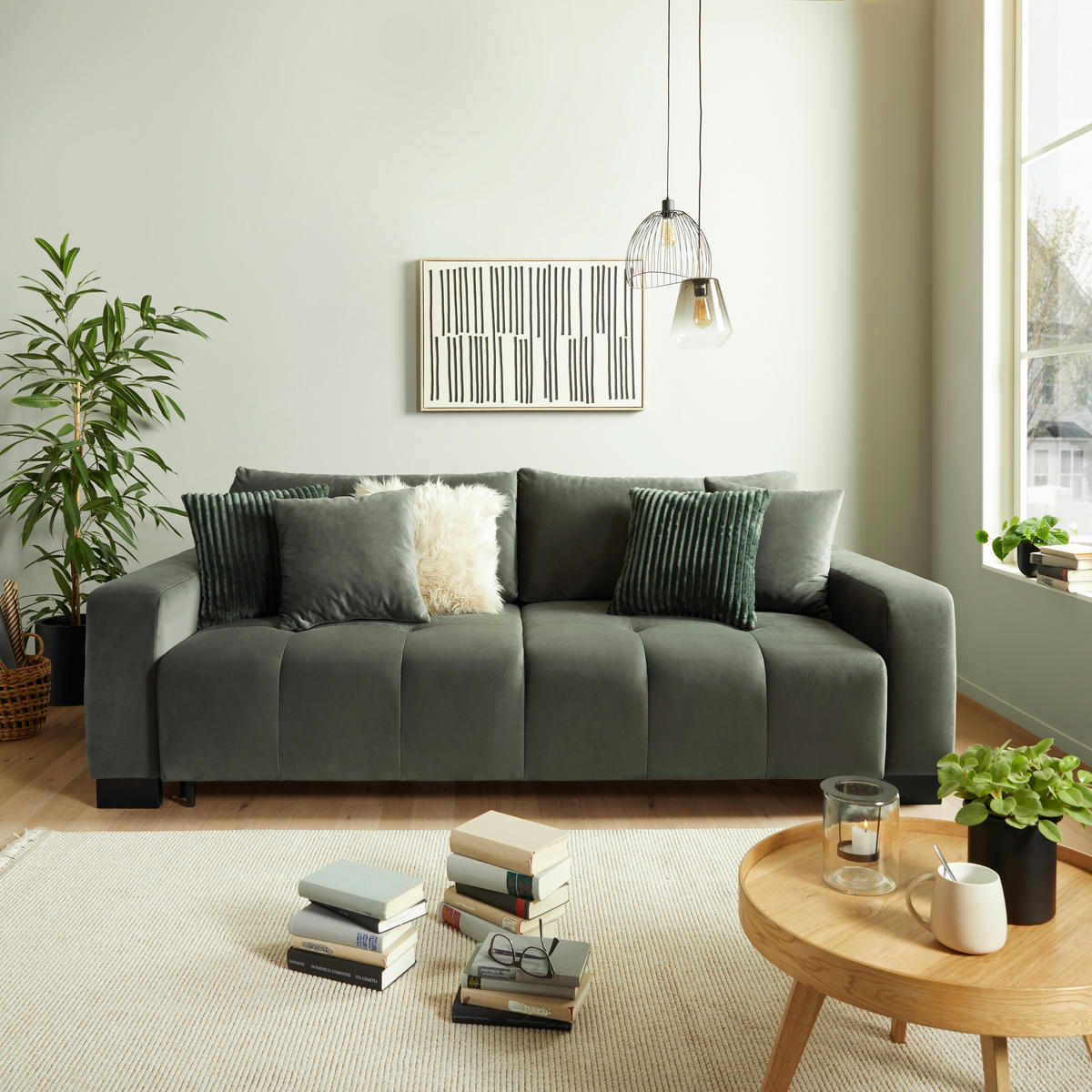 SCHLAFSOFA in Velours Dunkelgrau  - Dunkelgrün/Dunkelgrau, Modern, Holz/Kunststoff (238/88/119cm) - MID.YOU