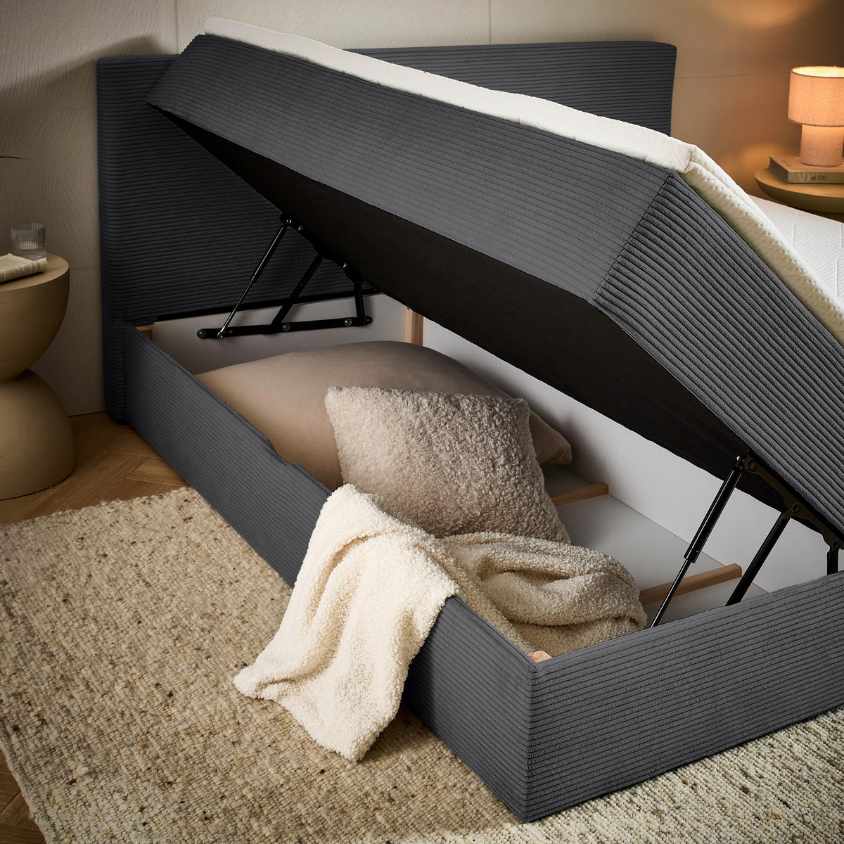 BOXBETT 180/200 cm,  in Anthrazit, Kissen, Bettkasten, Topper, H3 + H3 = fest  - Anthrazit/Schwarz, Design, Kunststoff/Textil (180/200cm) - Chameo