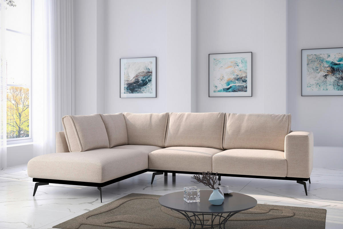ECKSOFA in beflockt Creme  - Creme/Schwarz, Design, Holz/Textil (200/293cm) - MID.YOU