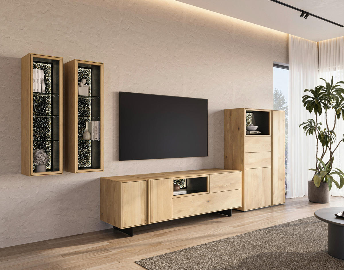 WOHNWAND  Eichefarben 272/202/50 cm  - Eichefarben/Schwarz, Natur, Glas/Leder (272/202/50cm) - Cassando