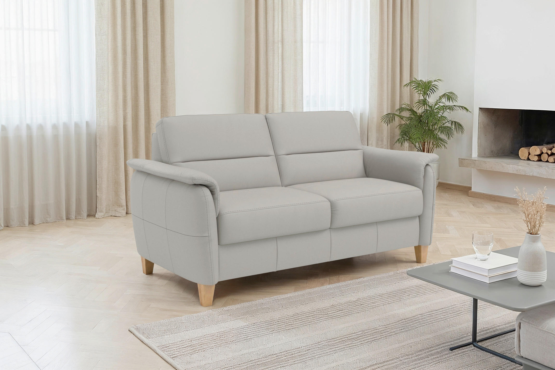 3-SITZER-SOFA PALMERA E Echtleder Hellgrau  - Eichefarben/Hellgrau, Basics, Leder/Holz (179/89/89cm) - Sit & More