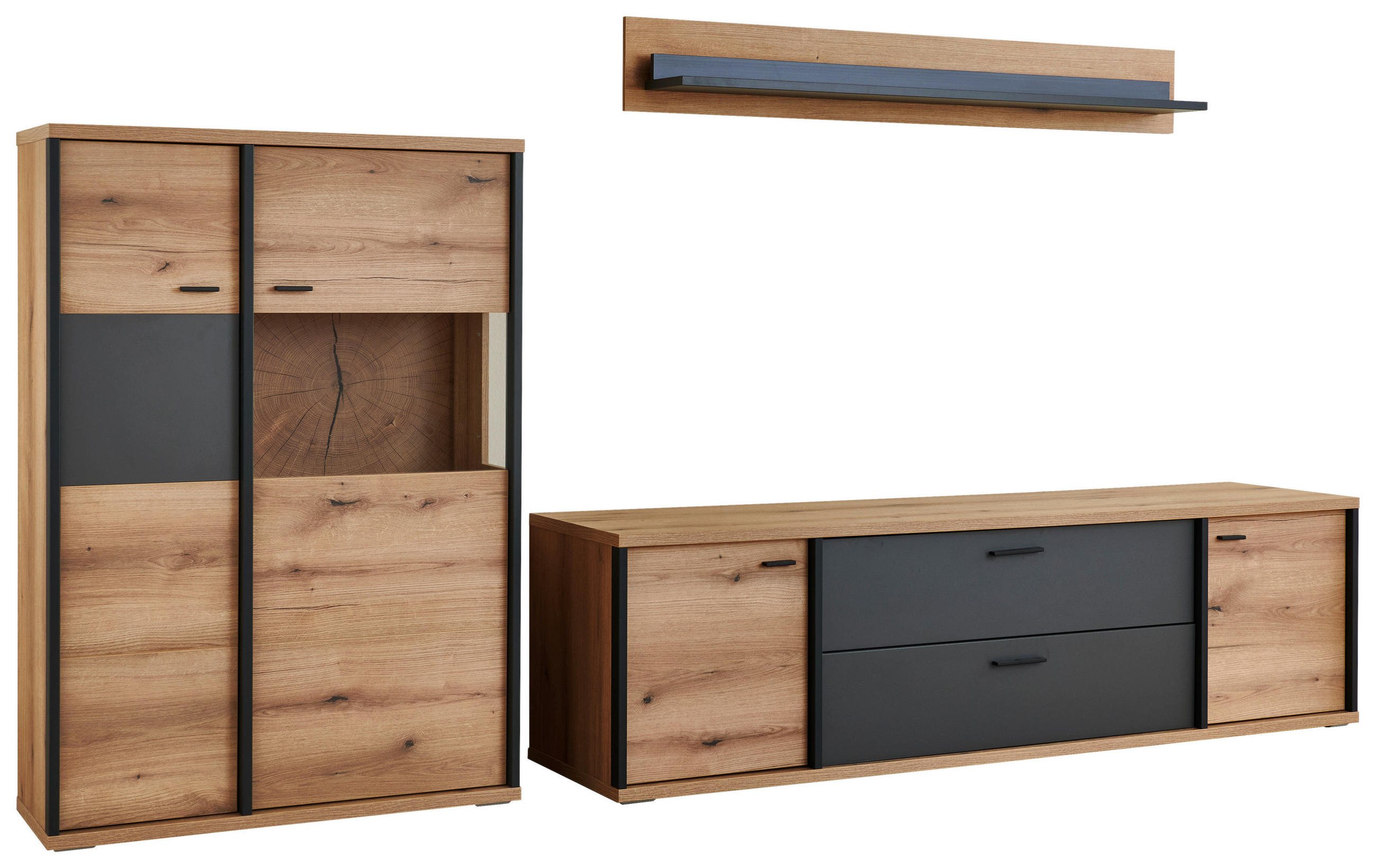 WOHNWAND  Schwarz, Eichefarben, Dunkelgrau 312/179/50 cm  - Eichefarben/Dunkelgrau, Konventionell, Glas/Holzwerkstoff (312/179/50cm) - Xora