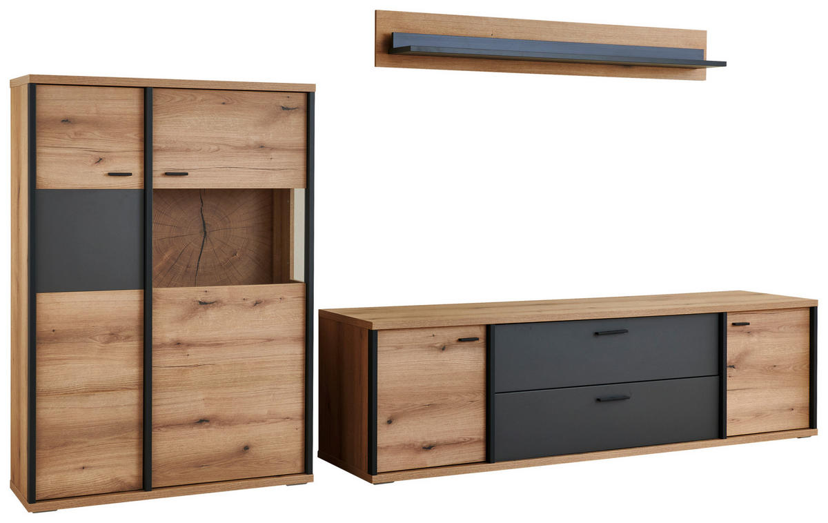 WOHNWAND  Schwarz, Eichefarben, Dunkelgrau 312/179/50 cm  - Eichefarben/Dunkelgrau, Konventionell, Glas/Holzwerkstoff (312/179/50cm) - Xora