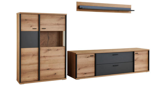 WOHNWAND  in Schwarz, Eichefarben, Dunkelgrau  312/179/50 cm  - Eichefarben/Dunkelgrau, KONVENTIONELL, Glas/Holzwerkstoff (312/179/50cm) - Xora