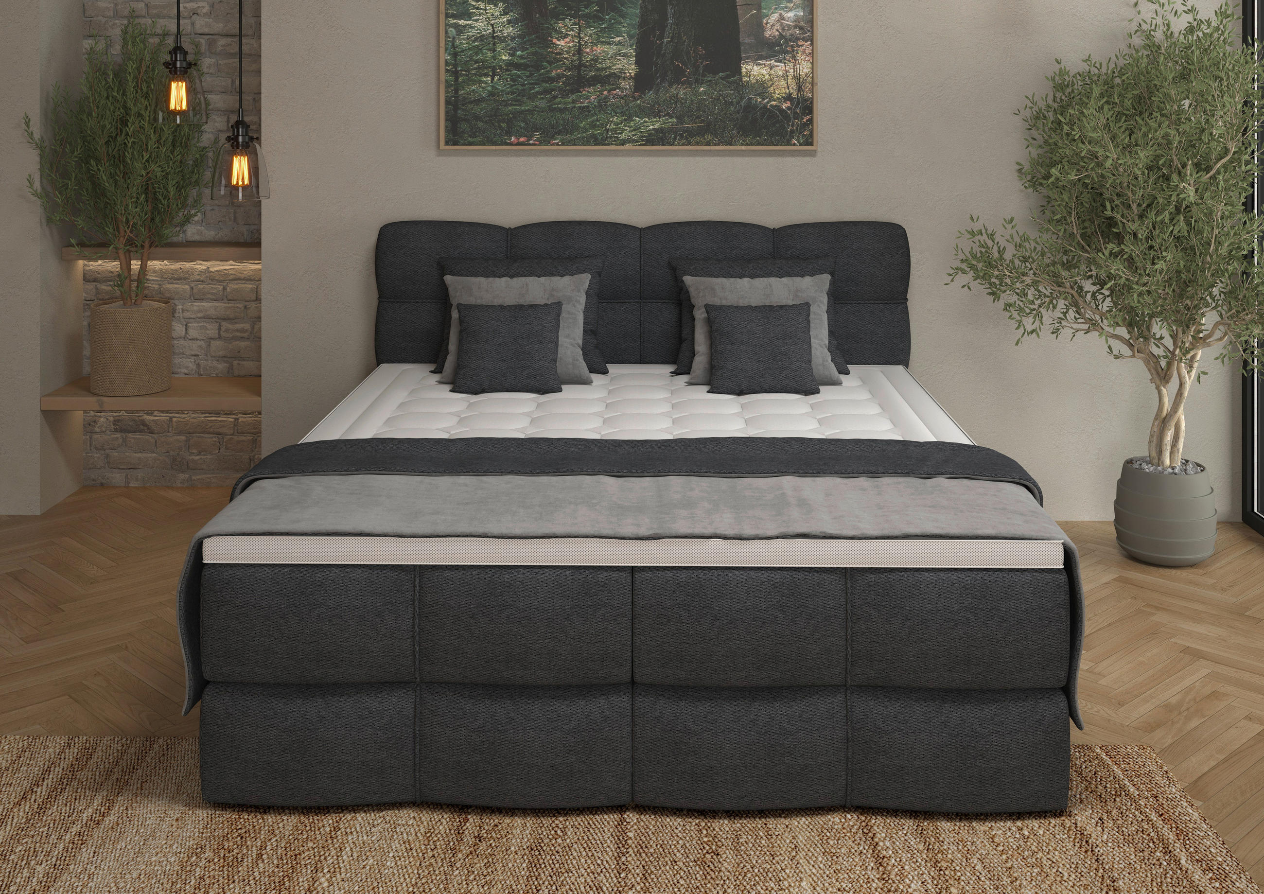 BOXSPRINGBETT 180/200 cm,  in Dunkelgrau, gepolstertes Kopfteil, Bettkasten, Topper, Matratzen, H3 + H3 = fest  - Dunkelgrau/Schwarz, Design, Kunststoff/Textil (180/200cm) - Chameo