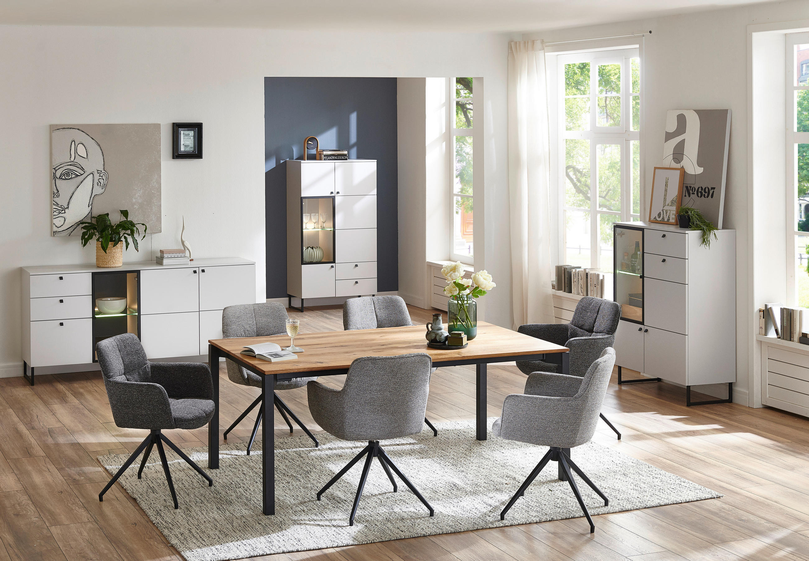 Thumbnail - Valdera Sideboard, Schwarz, Grauweiß, Metall, 2 Fächer, 3 Schublade(n) Schubladen, 183x87x42 cm, Typenauswahl, Beimöbel ...