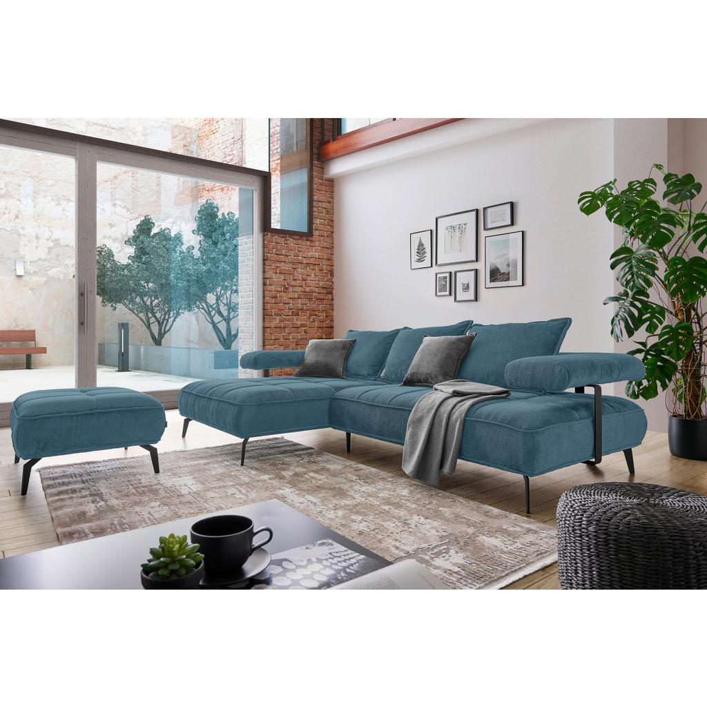 Thumbnail - Welnova Ecksofa, Blau, Textil, Uni, 3-5-Sitzer, Ottomane links, L-Form, 266x180 cm, Made in EU, Stoffauswahl, seitenverk...