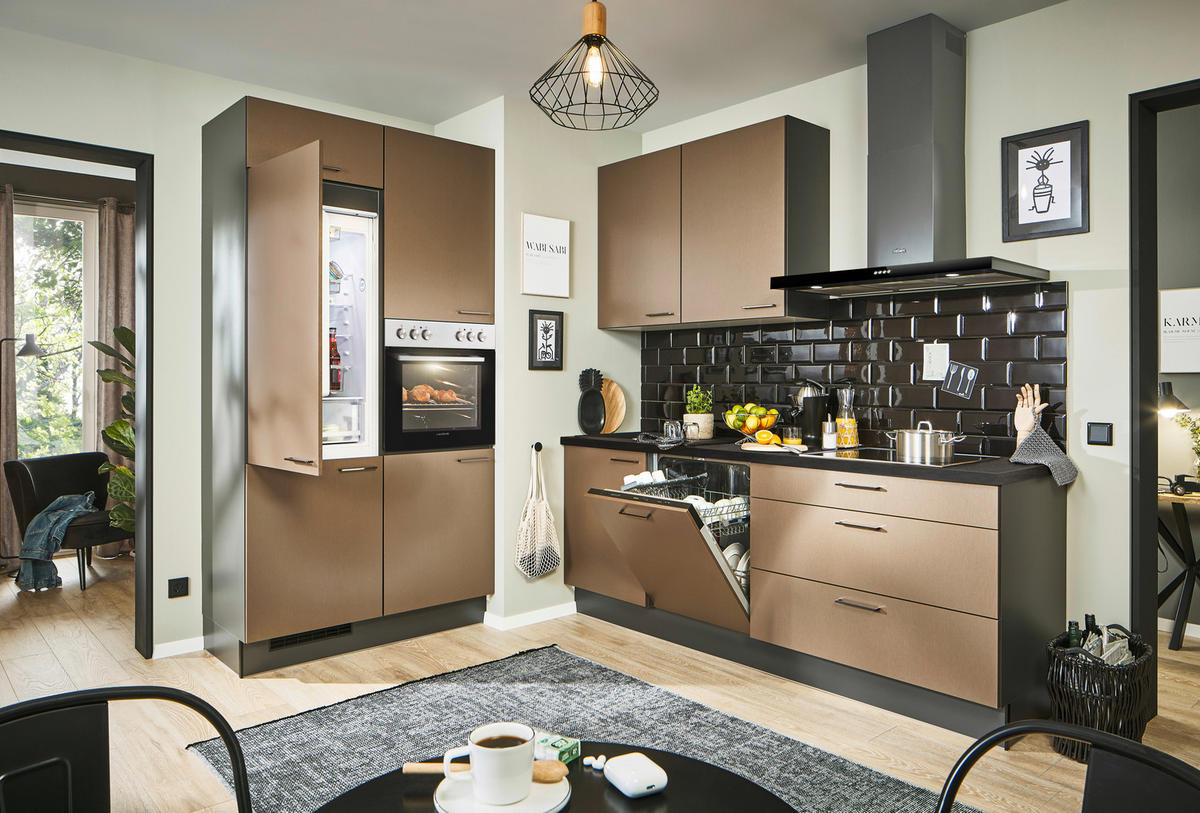 ECKKÜCHE 120/220 cm  in Graphitfarben, Schwarz, Bronzefarben  - Schwarz/Graphitfarben, Design, Holzwerkstoff/Metall (120/220cm) - Xora