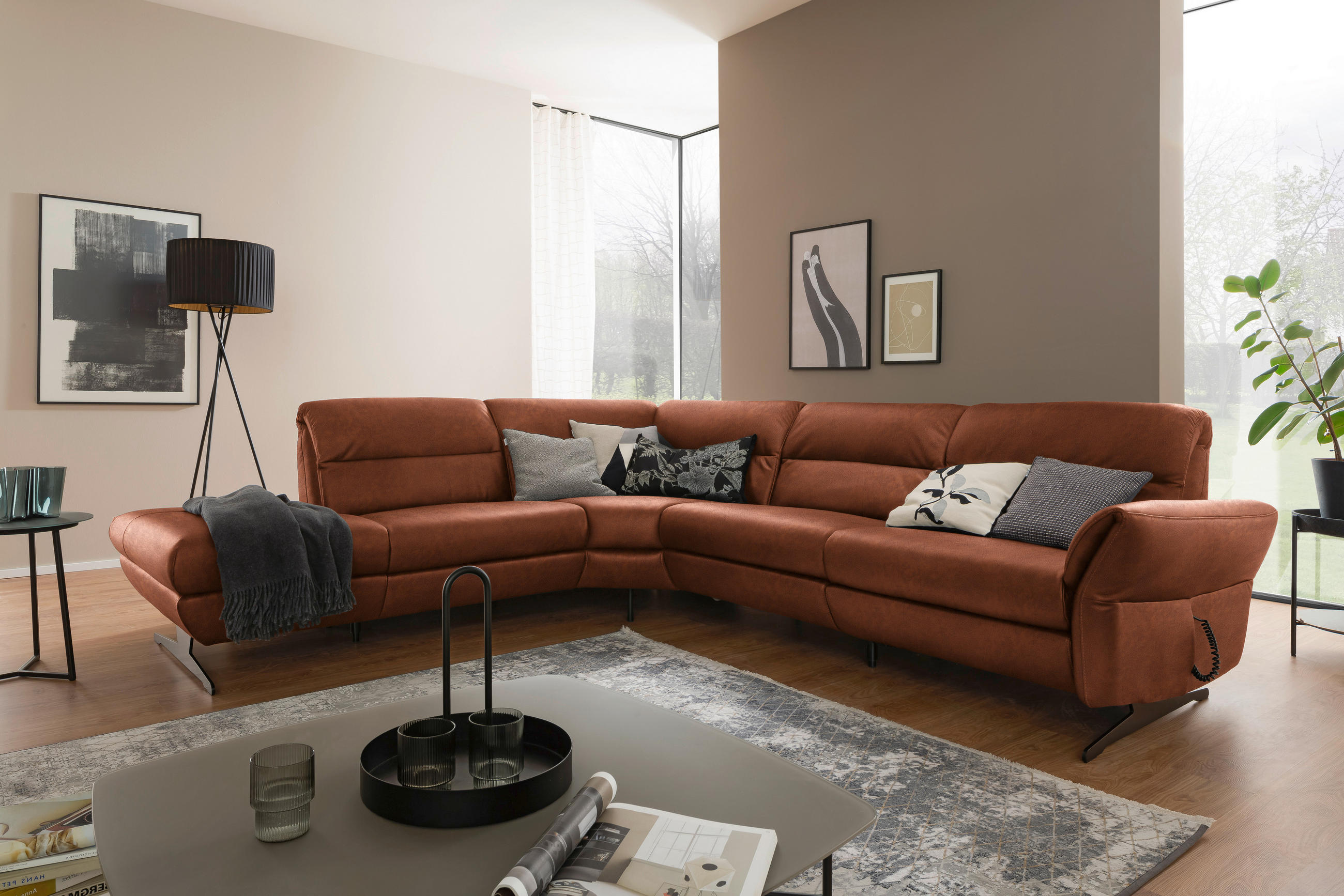 ECKSOFA in Echtleder Cognac  258/286 cm  - Cognac/Schwarz, Design, Leder/Metall (258/286cm) - Schöner Wohnen