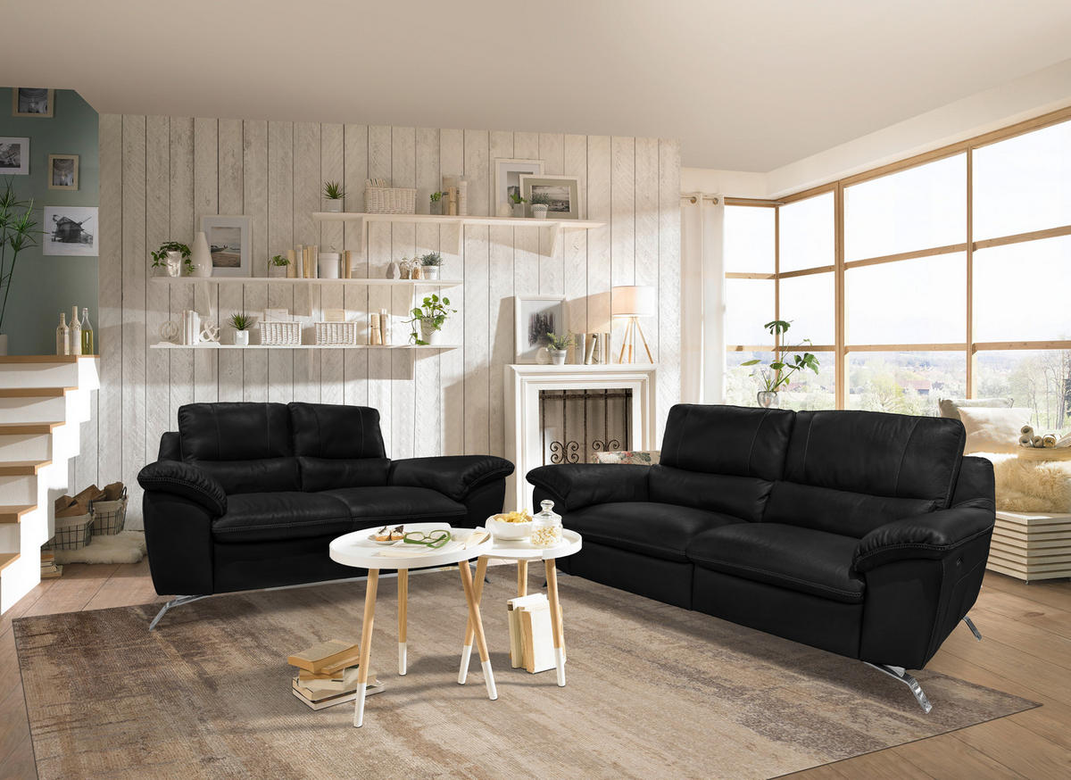 2,5-SITZER Kombination Echtleder/Lederlook Schwarz  - Silberfarben/Schwarz, Design, Leder/Metall (216/97/95-151cm) - Livetastic