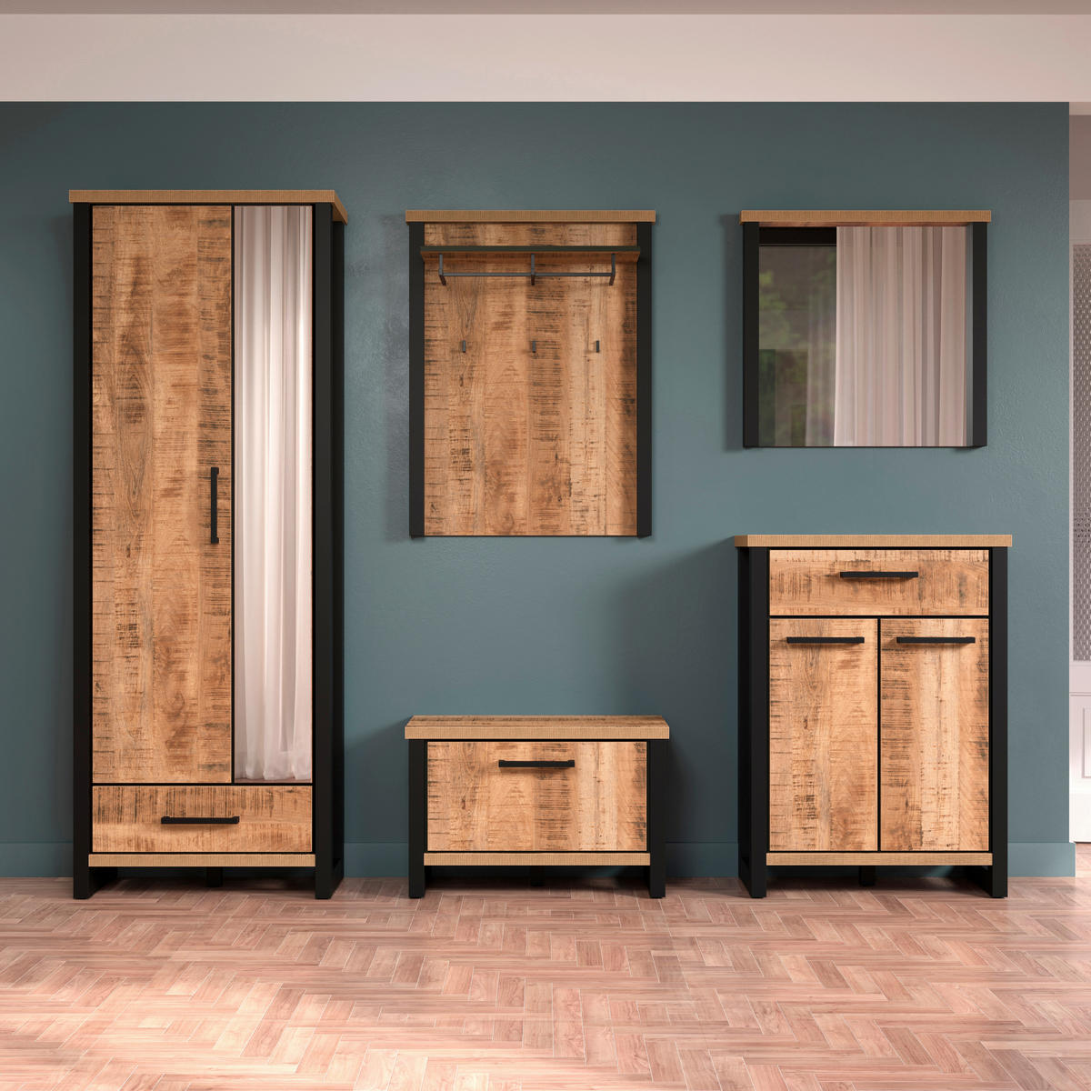 GARDEROBE 5-teilig  in 249/195/39 cm  - Schwarz/Naturfarben, Basics, Glas/Holzwerkstoff (249/195/39cm) - MID.YOU