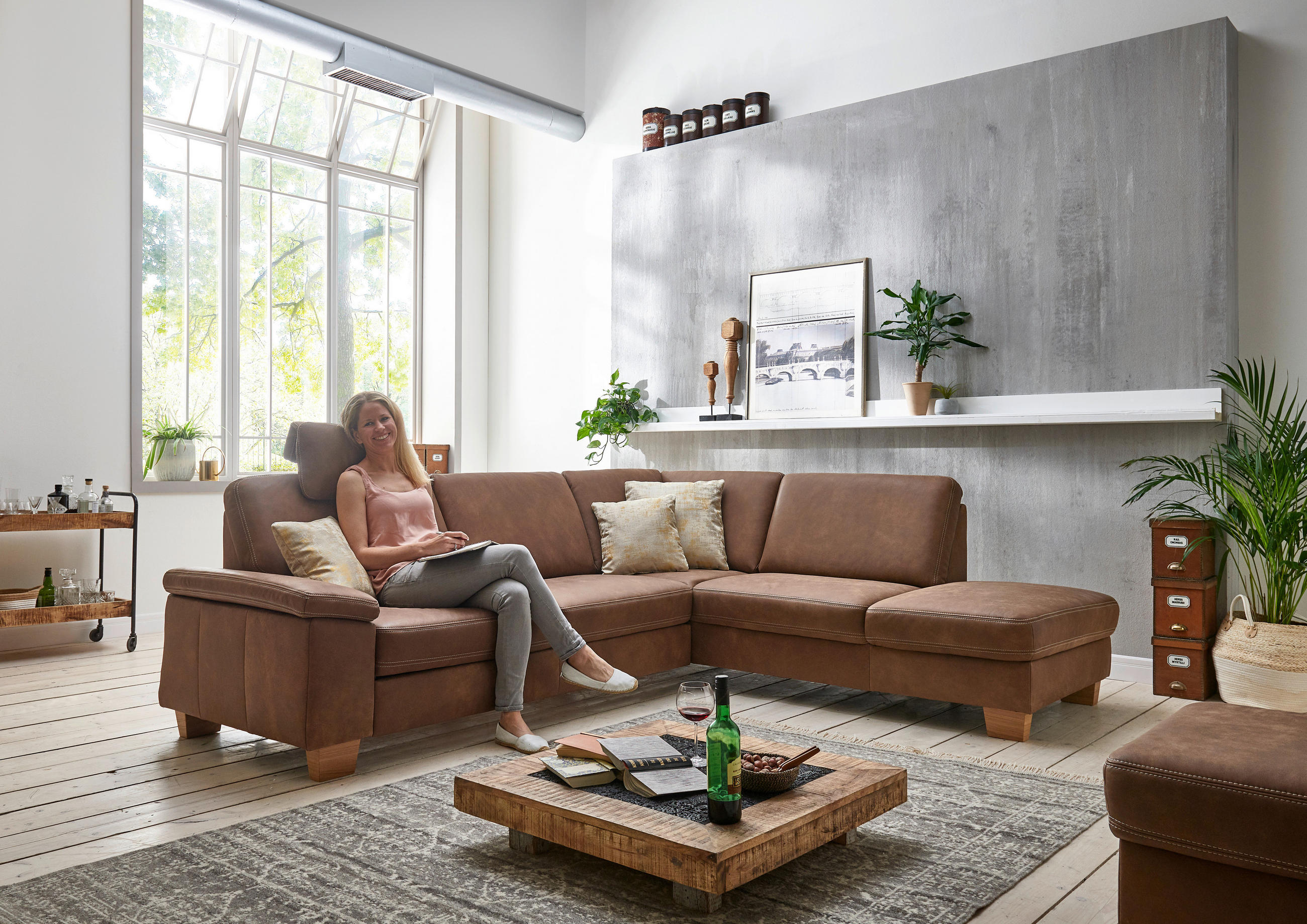 ECKSOFA in Echtleder Braun  274/235 cm  - Eichefarben/Beige, KONVENTIONELL, Leder/Holzwerkstoff (274/235cm) - Beldomo Premium