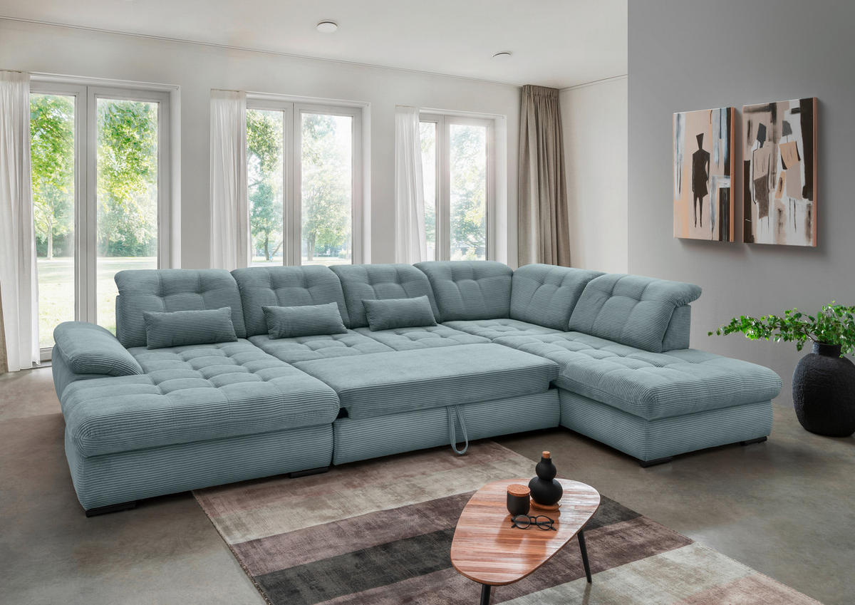 WOHNLANDSCHAFT in Cord Hellblau  - Schwarz/Hellblau, Modern, Textil/Metall (184/387/252cm) - Livetastic