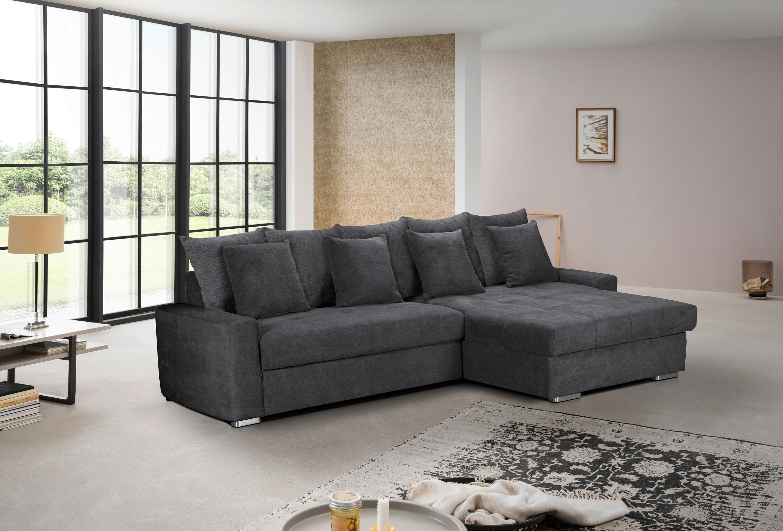 ECKSOFA in Mikrofaser Dunkelgrau  - Dunkelgrau/Silberfarben, Modern, Holz/Textil (293/164cm) - MID.YOU