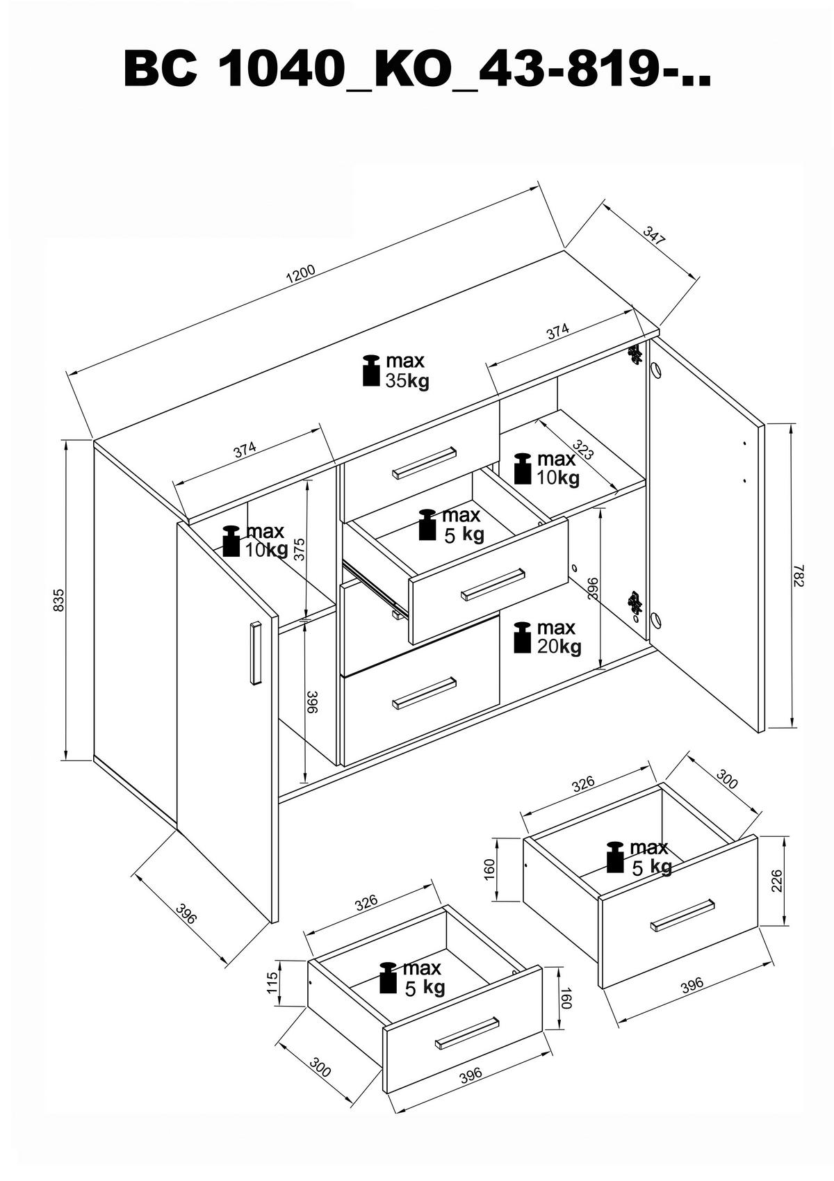 ŠIROKÁ KOMODA, bílá, barvy dubu, 120/84/35 cm - bílá/barvy stříbra, Design, kompozitní dřevo/plast (120/84/35cm) - MID.YOU