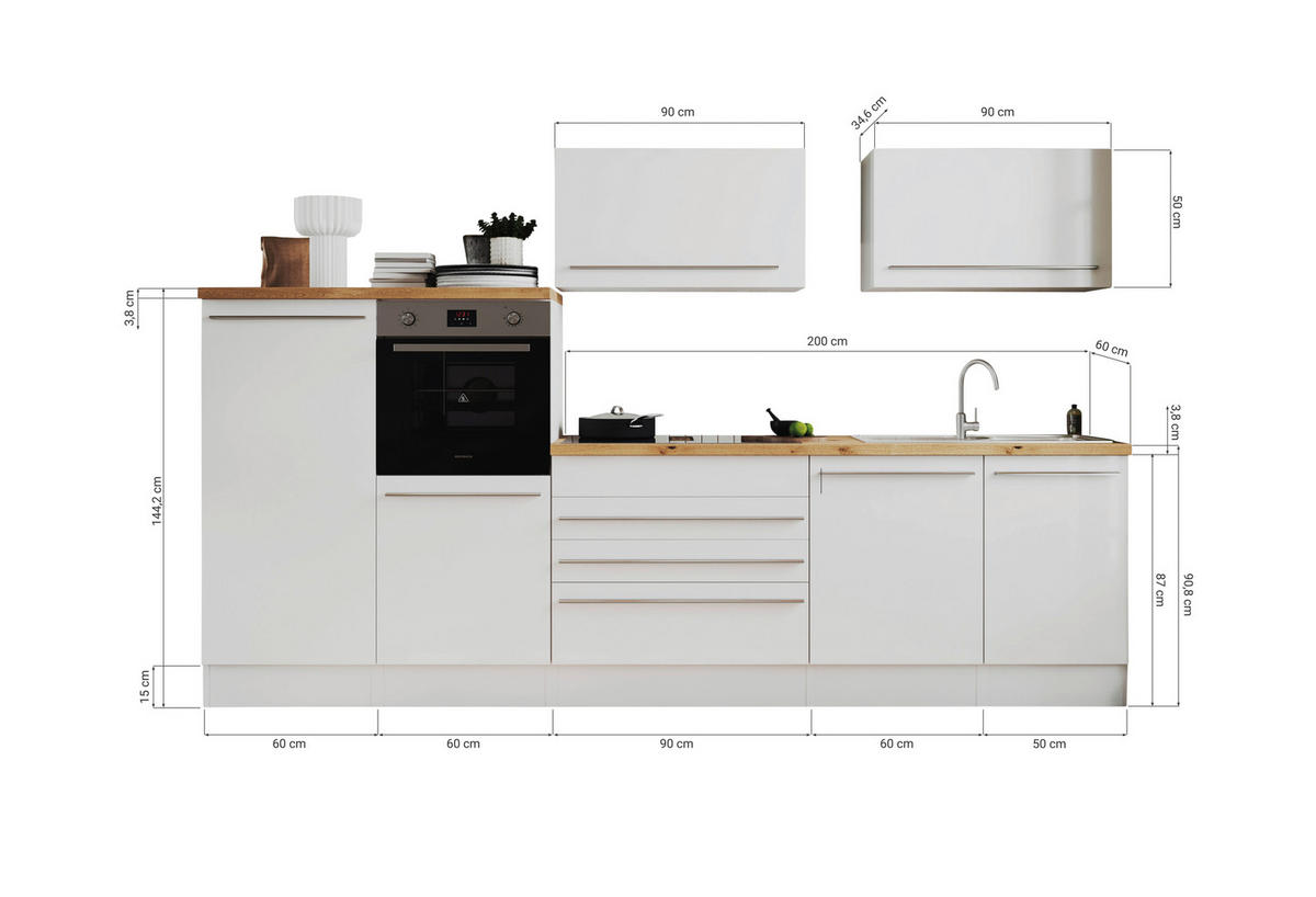 KÜCHENBLOCK 320 cm   in Grau Hochglanz  - Wildeiche/Edelstahlfarben, Basics, Holzwerkstoff/Kunststoff (320cm) - Respekta