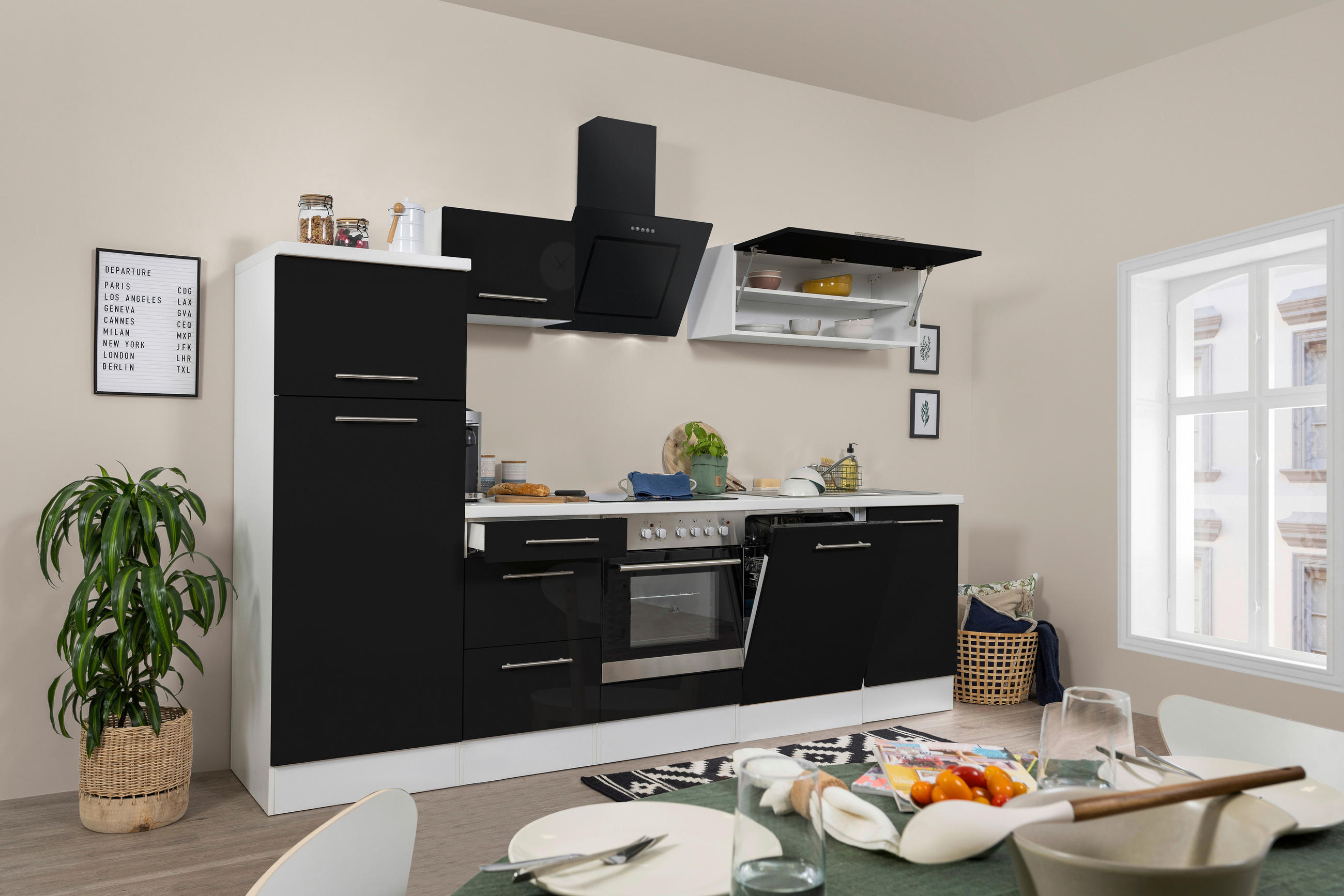 KÜCHENBLOCK 280 cm   in Schwarz, Weiß  - Alufarben/Schwarz, KONVENTIONELL, Holzwerkstoff/Metall (280cm) - Respekta