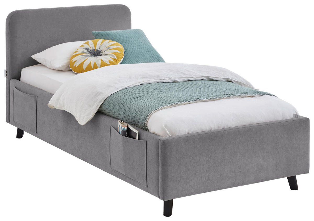 POLSTERBETT 90/200 cm,  in Grau, Schwarz, Betttasche,  - Schwarz/Grau, KONVENTIONELL, Holz/Textil (90/200cm) - Boxxx