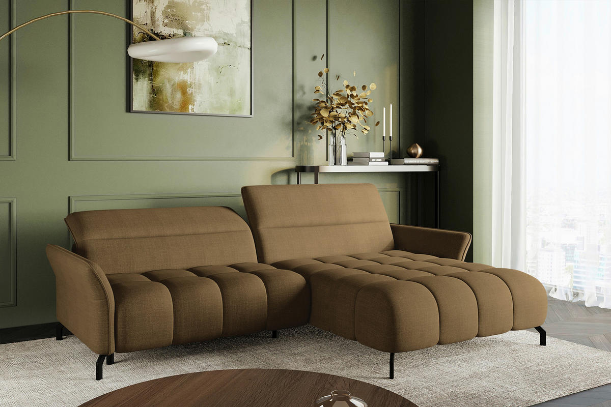ECKSOFA  in Flachgewebe Olivgrün Rücken echt, Kopfteilverstellung, Sitztiefenverstellung  272/175 cm  - Schwarz/Olivgrün, KONVENTIONELL, Textil/Metall (272/175cm) - Carryhome
