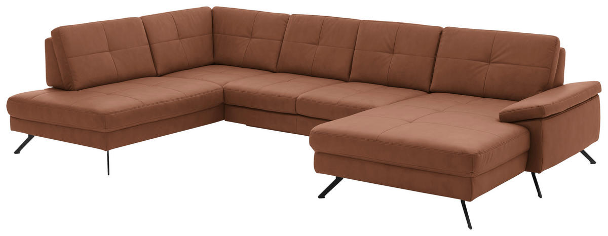 WOHNLANDSCHAFT in Lederlook, Mikrofaser Braun  - Schwarz/Braun, Design, Textil/Metall (220/345cm) - Beldomo System