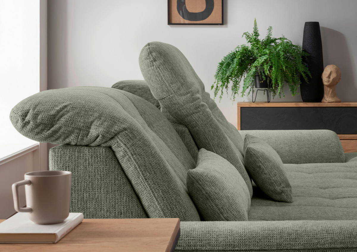 ECKSOFA RIGATTI Dunkelgrün Flachgewebe Kopfteilverstellung, Stauraum, Sitztiefenverstellung  - Chromfarben/Dunkelgrün, MODERN, Textil/Metall (308/254cm) - Livetastic