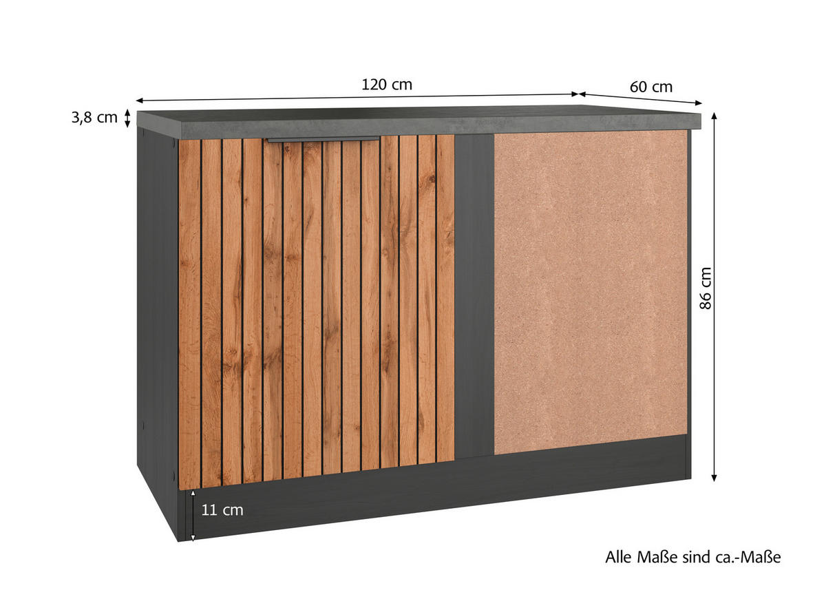 ECKUNTERSCHRANK 120/86/60 cm  - Schieferfarben/Eiche Wotan, Basics, Holzwerkstoff/Metall (120/86/60cm) - Held