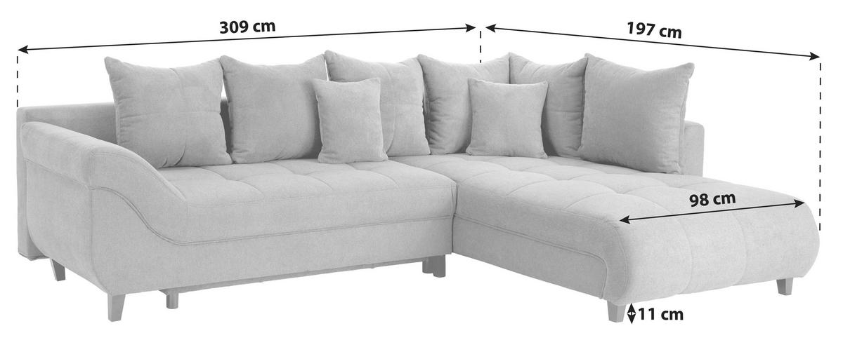 ECKSOFA Grau Webstoff Zierkissen, Rückenkissen, Bettkasten, Schlaffunktion  - Schwarz/Grau, Design, Holz/Textil (309/197cm) - Livetastic