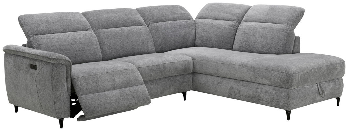 ECKSOFA Grau Chenille Relaxfunktion, Kopfteilverstellung, Stauraum  - Schwarz/Grau, Design, Textil/Metall (266/220cm) - Xora