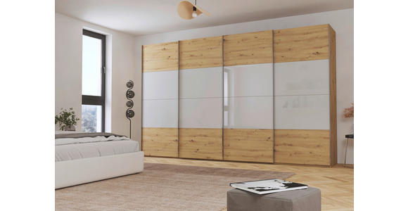 SCHWEBETÜRENSCHRANK  in Eiche Artisan, Seidengrau  - Chromfarben/Seidengrau, KONVENTIONELL, Glas/Holzwerkstoff (361/235/68cm) - Novel