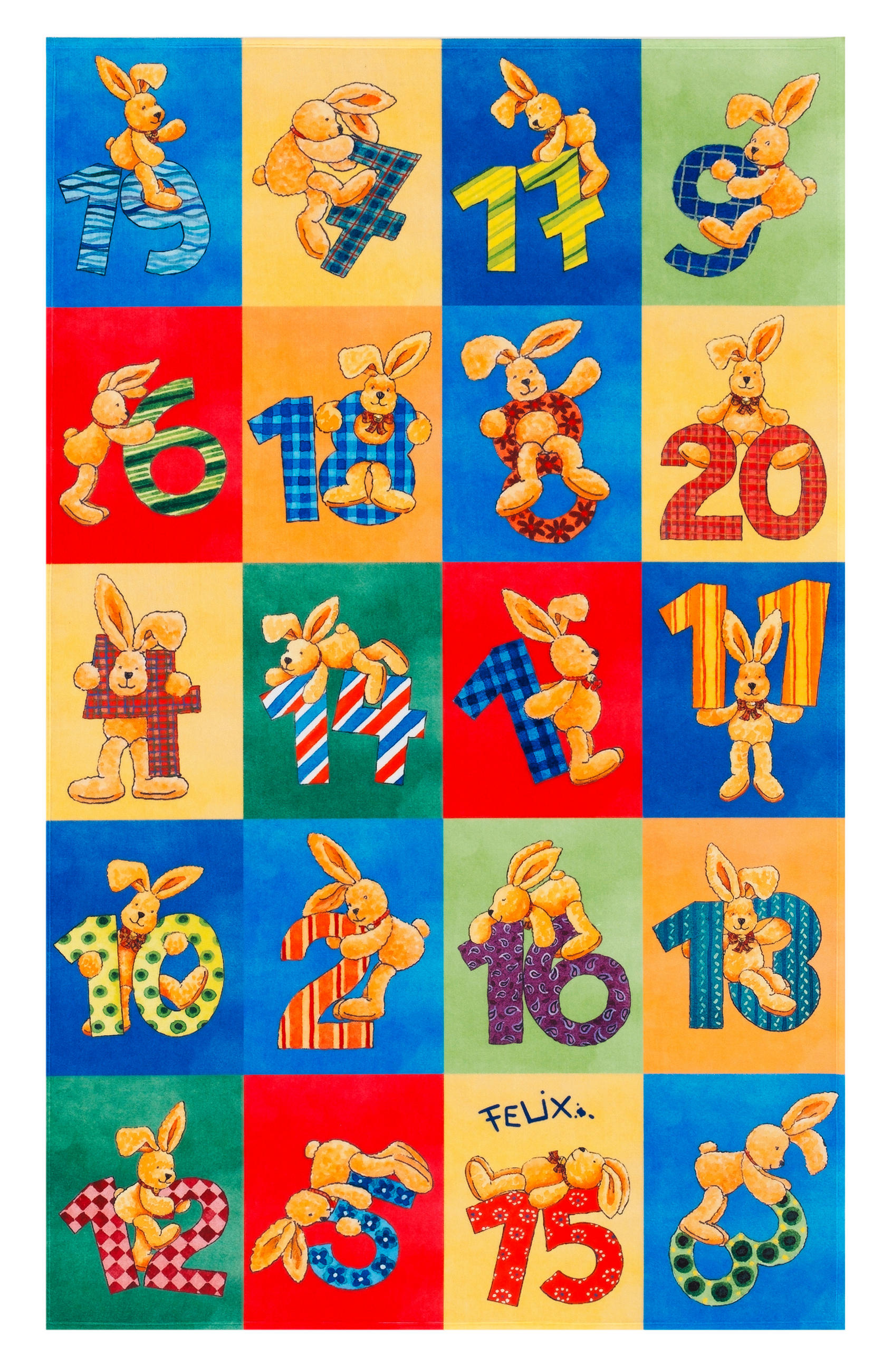 XXXLutz Kinderteppich Felix der Hase Blau, Gelb, Grün, Rot, Hellgrün 100x160 cm