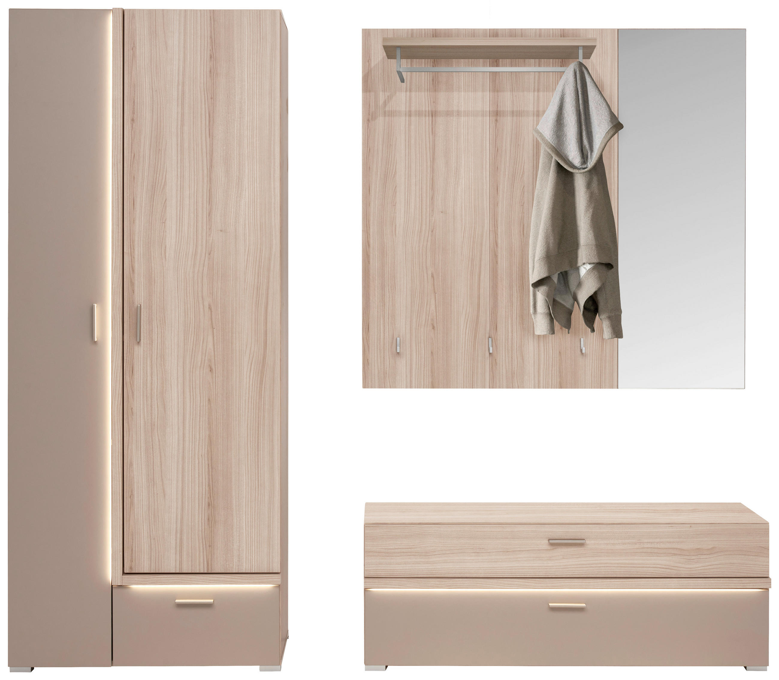 GARDEROBE 3-teilig  in 198/194/38 cm  - Eiche Bianco/Grau, Design, Glas/Holzwerkstoff (198/194/38cm) - Voleo