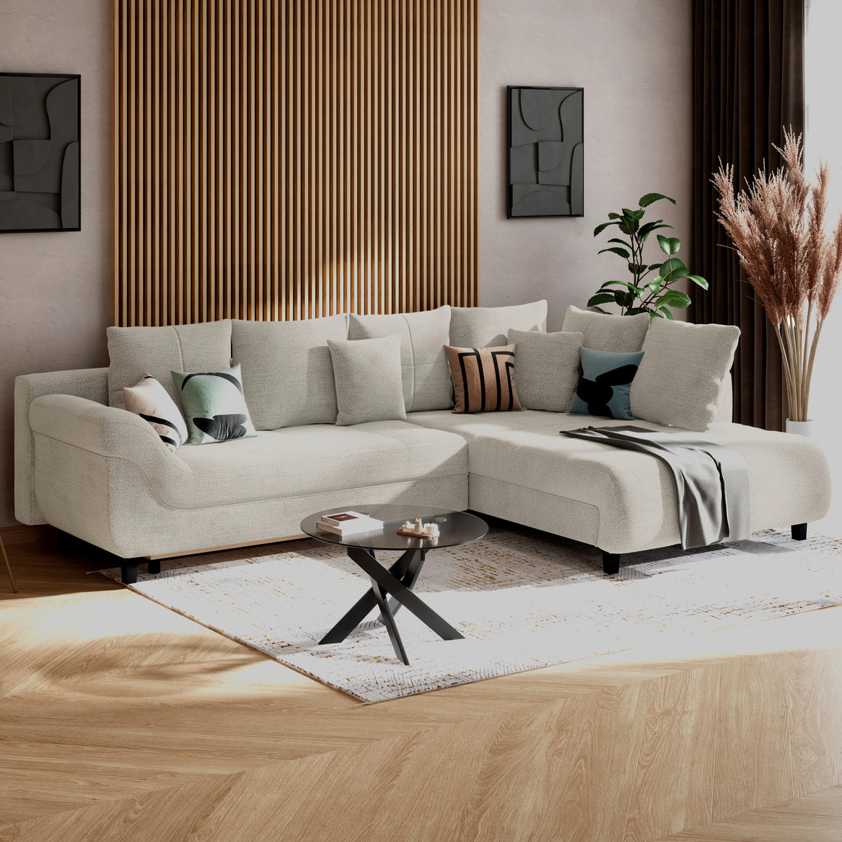 ECKSOFA MENDOZA NEW Creme Chenille, Struktur Zierkissen, Rückenkissen, Bettkasten  - Creme/Schwarz, KONVENTIONELL, Textil (309/197cm) - MID.YOU