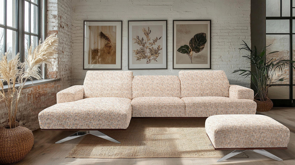 ECKSOFA PORTLAND in Struktur Blau, Gelb, Rot, Weiß Kopfteilverstellung  187/295 cm  - Chromfarben/Blau, Design, Holz/Textil (187/295cm) - Livetastic
