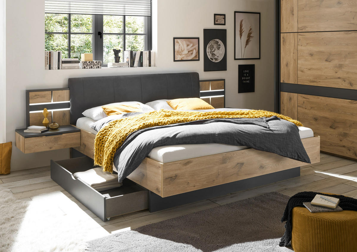 BETTANLAGE 180/200 cm  in Graphitfarben, Eichefarben   - Eichefarben/Graphitfarben, Konventionell, Holzwerkstoff/Textil (180/200cm) - Ti'me