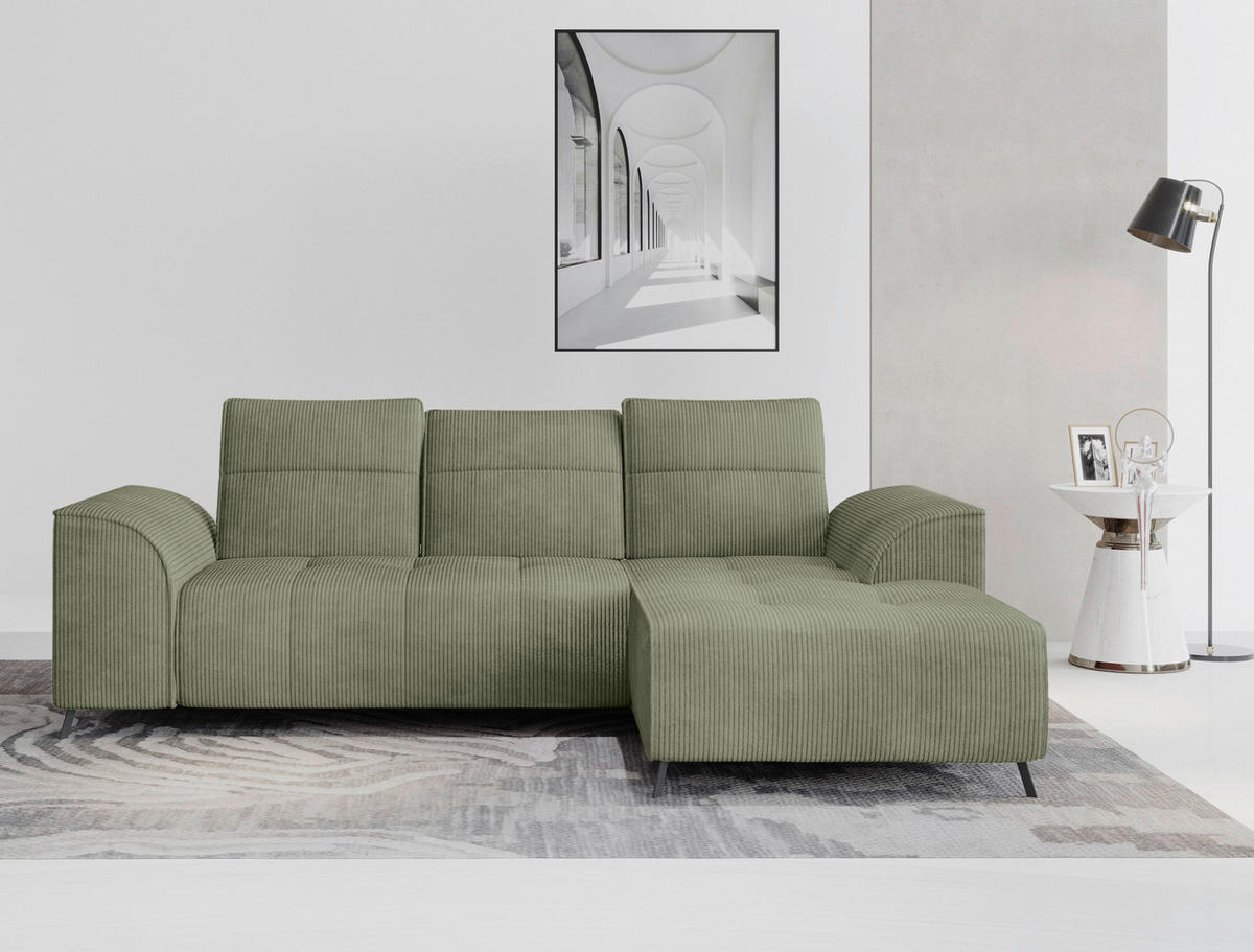 Carryhome ECKSOFA Olivgrün Cord, rechts davon: Bild in weiß, Stehleuchte in hellem Wohnzimmer.