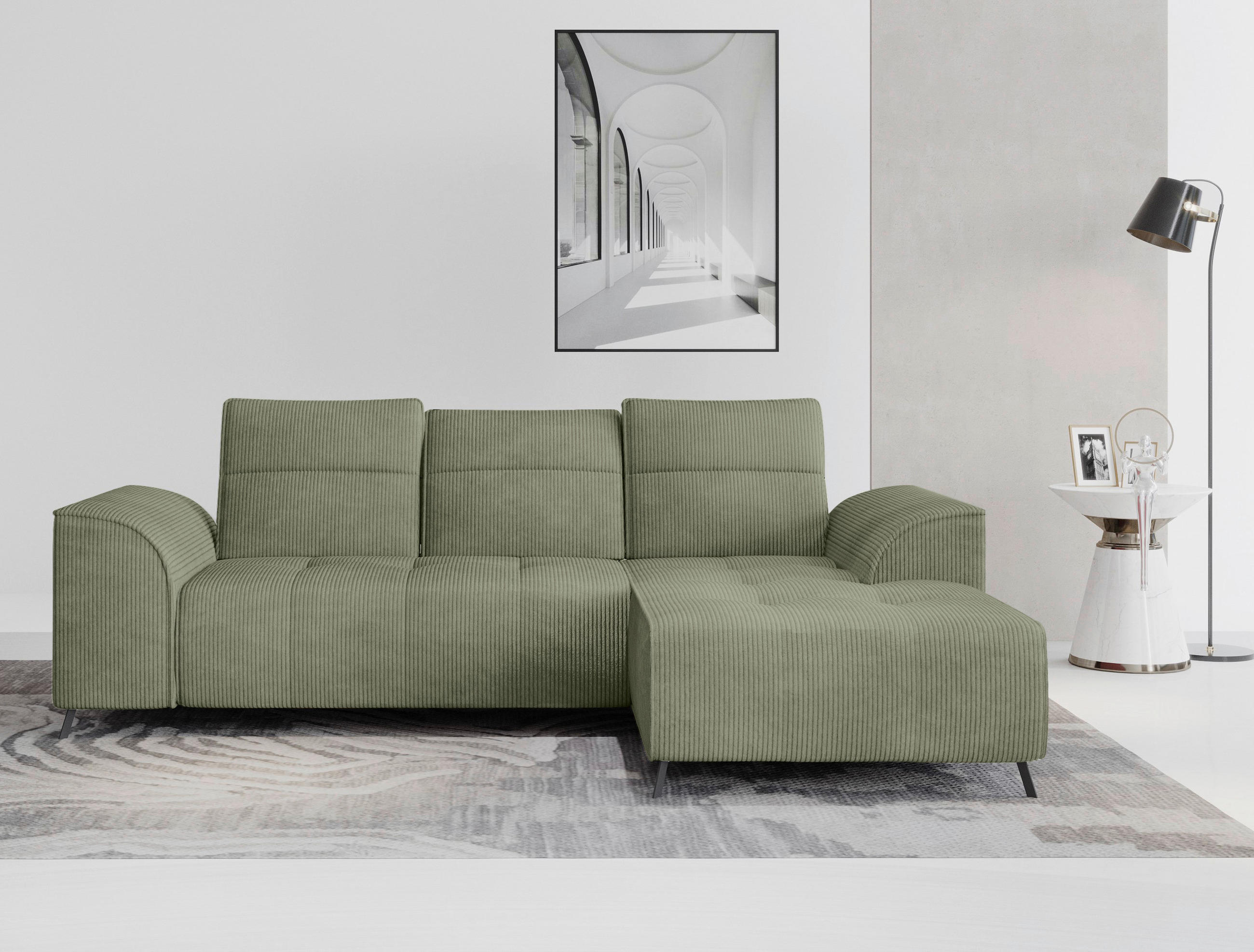 Thumbnail - Carryhome Ecksofa, Salbeigrün, Textil, 3-Sitzer, Ottomane rechts, L-Form, 290x196 cm, Liegefunktion, seitenverkehrt erhä...
