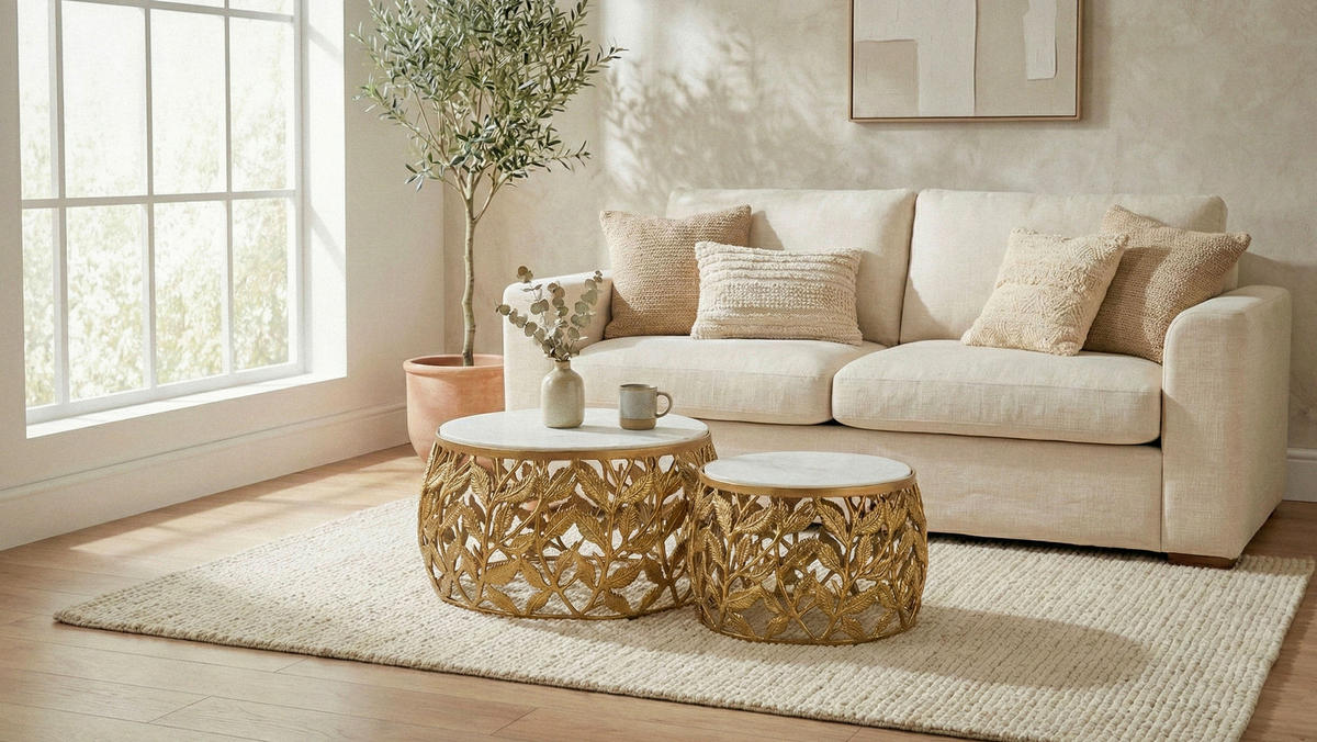 Set De Măsuțe Suprapuse din piatră, 60/60/33 cm - alb/auriu, Design, metal/piatră (60/60/33cm) - MID.YOU