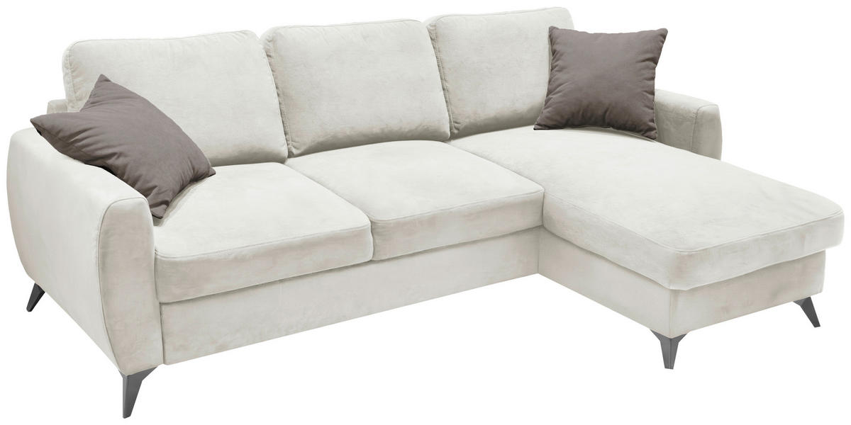 ECKSCHLAFSOFA JEFFREY Mikrovelours Creme  inkl. Zierkissen, Rückenkissen, Stauraum  - Taupe/Creme, KONVENTIONELL, Textil/Metall (230/150cm) - Livetastic